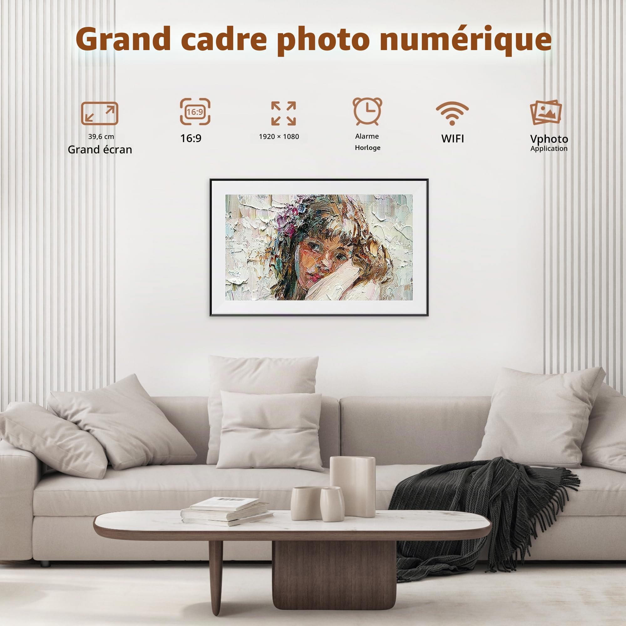 Dragon Touch Cadre Photo Numérique WiFi 15,6 Pouces - Cadre Photo Électronique avec 32 Go de Stockage, Écran Tactile FHD 1080P, Rotation Automatique, Partage Instantané de Photos et Vidéos Via APP