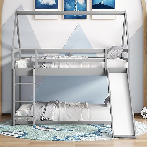 Miniatura 1 de Harper & Bright Designs Literas individuales para niños, litera de madera de tamaño individual sobre individual, litera para niños con tobogán y