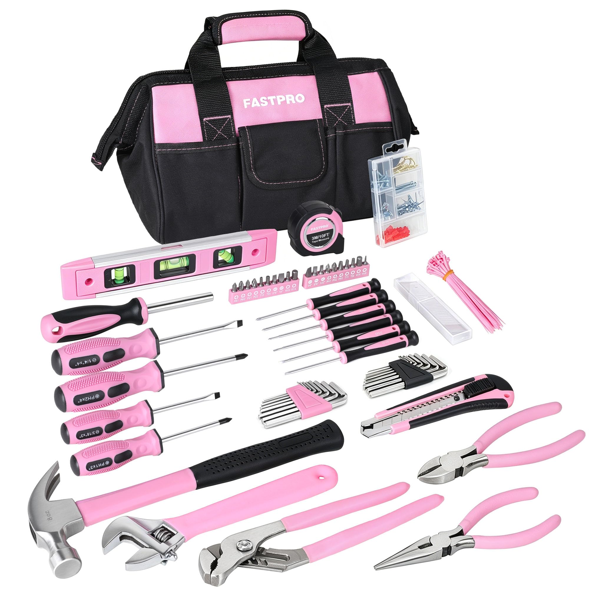 FASTPRO 215-Piece Pink Tool Set, Home Repairing Tool Set with Bag, Pink