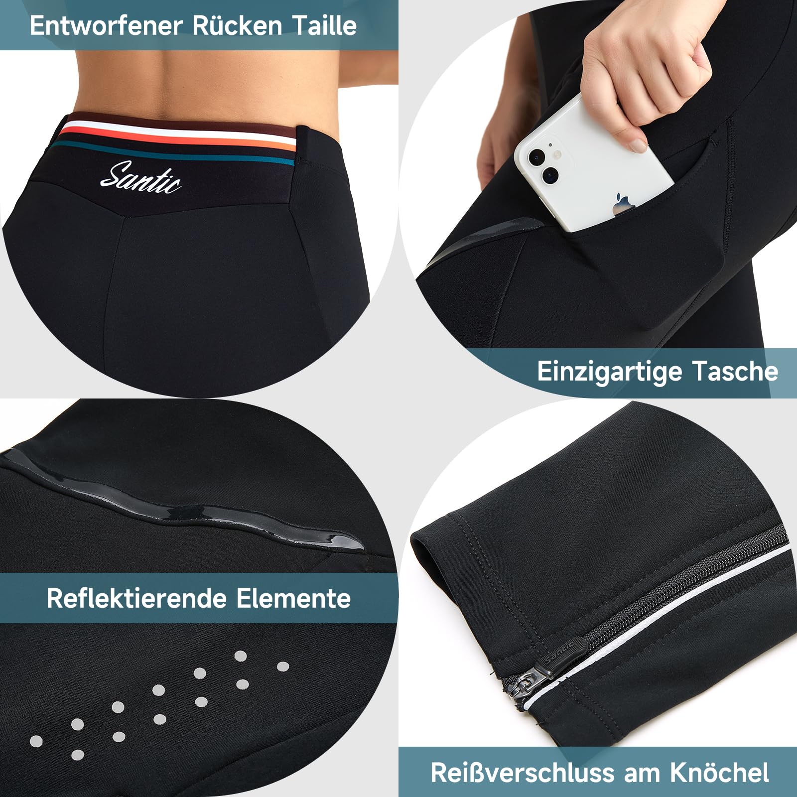 Santic Pantalon de cyclisme long pour femme - Rembourré - Thermique - Rembourrage de l'assise - Réfléchissant - Long legging