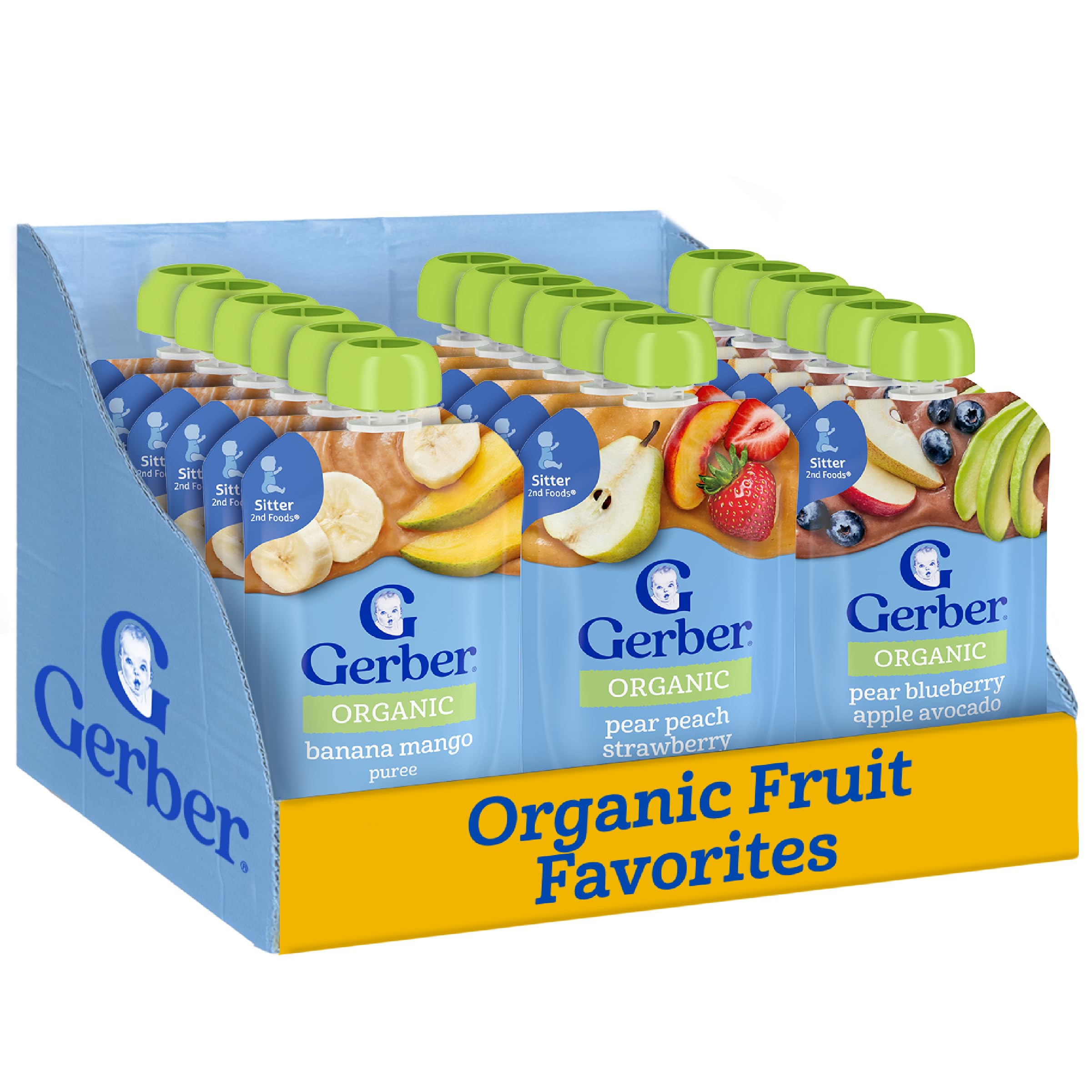 Gerber Puree Pouches, Organic Fruit Puree, Baby Food Pouches, Stage 2 Baby Food Purees, Variety Pack,18-Pack