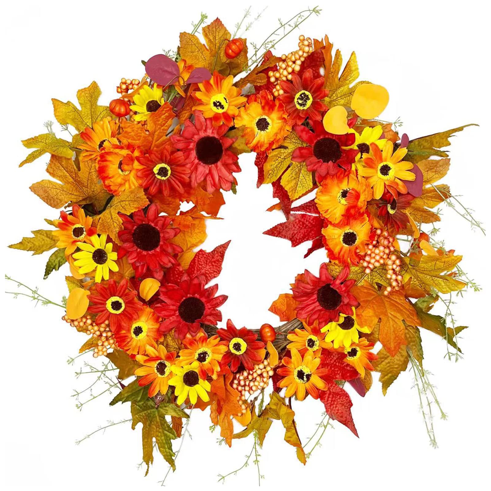 Photo 1 of 22 Inch Fall Wreaths for Front Door , Fall Artificial Floral Wreath with Daisy Sunflowers Berries Maple Leaves, Autumn Farmhouse Harvest Wreath for Thanksgiving Halloween Indoor Outdoor Home Decor 22inch-floral wreath