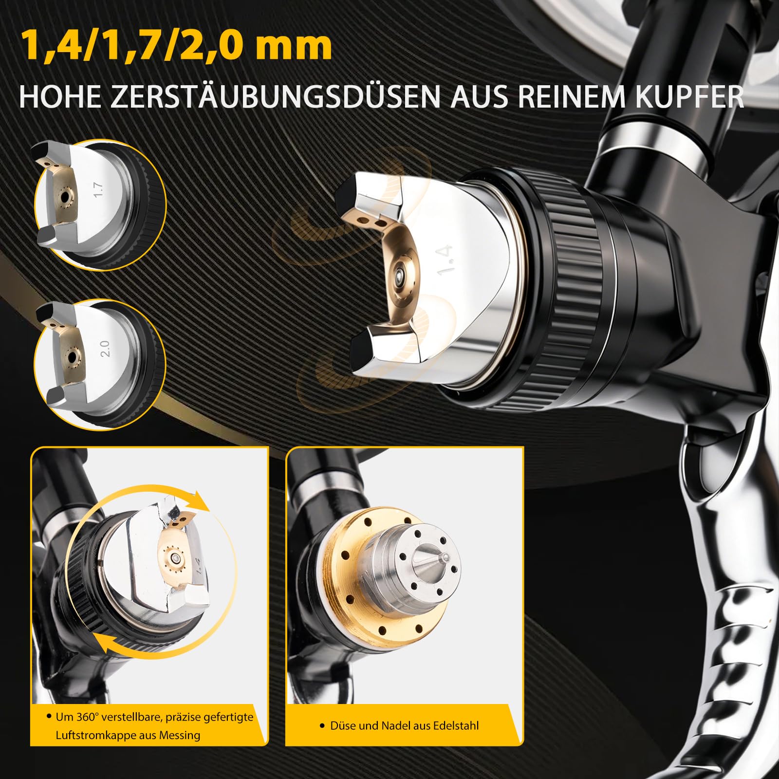 HVLP Lackierpistole Spritzpistole H2008 Lackierpistole Druckluft | 3 Düsen-1,4/1,7/2,0mm, 650ML Einweg-Farbmischbechern, Profi Luftspritzpistole
