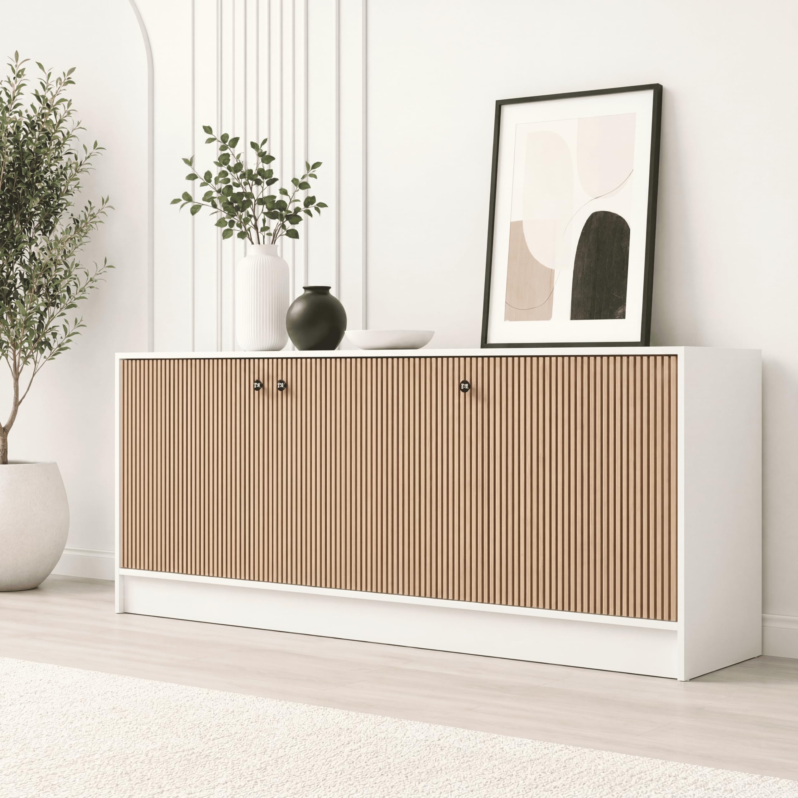 Bniture Luxe Storage Cabinet for Living Room | Wooden Sideboard Cabinet with 3 Door & 3D Textured | Multipurpose Storage Cabinet Organizer for Home, Bedroom & Kitchen | Frosty White & Giant Wood