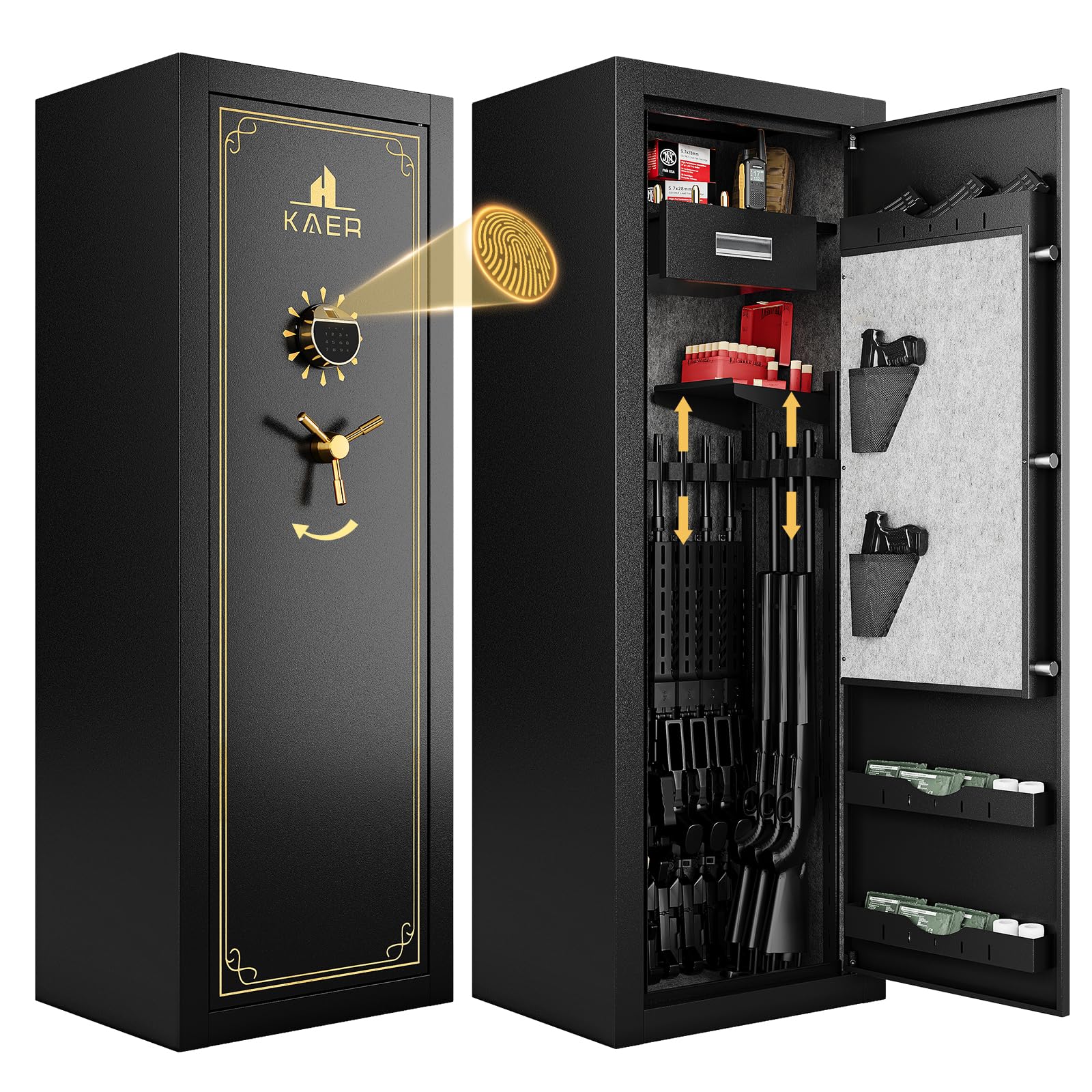 KAER 25 Gun Safe Biometric - Gun Safe for Rifles and Pistols Assembled, Large Gun Cabinet for Shotguns, Digital Fingerprint Rifle Safe with Removable Gun Racks,Pistol Pockets