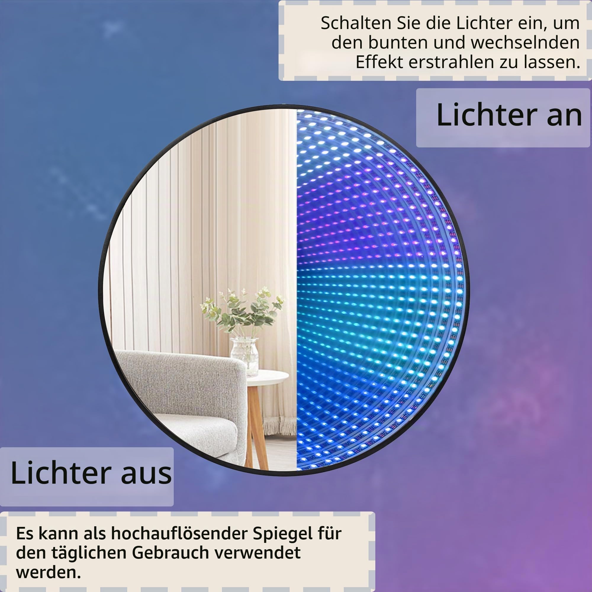 Infinity Spiegelleuchte, rund, Fernbedienung, USB-betriebene LED-Wanddekoration, dimmbar, RGB-Farbwechsel (Schwarz, Fernbedienung)