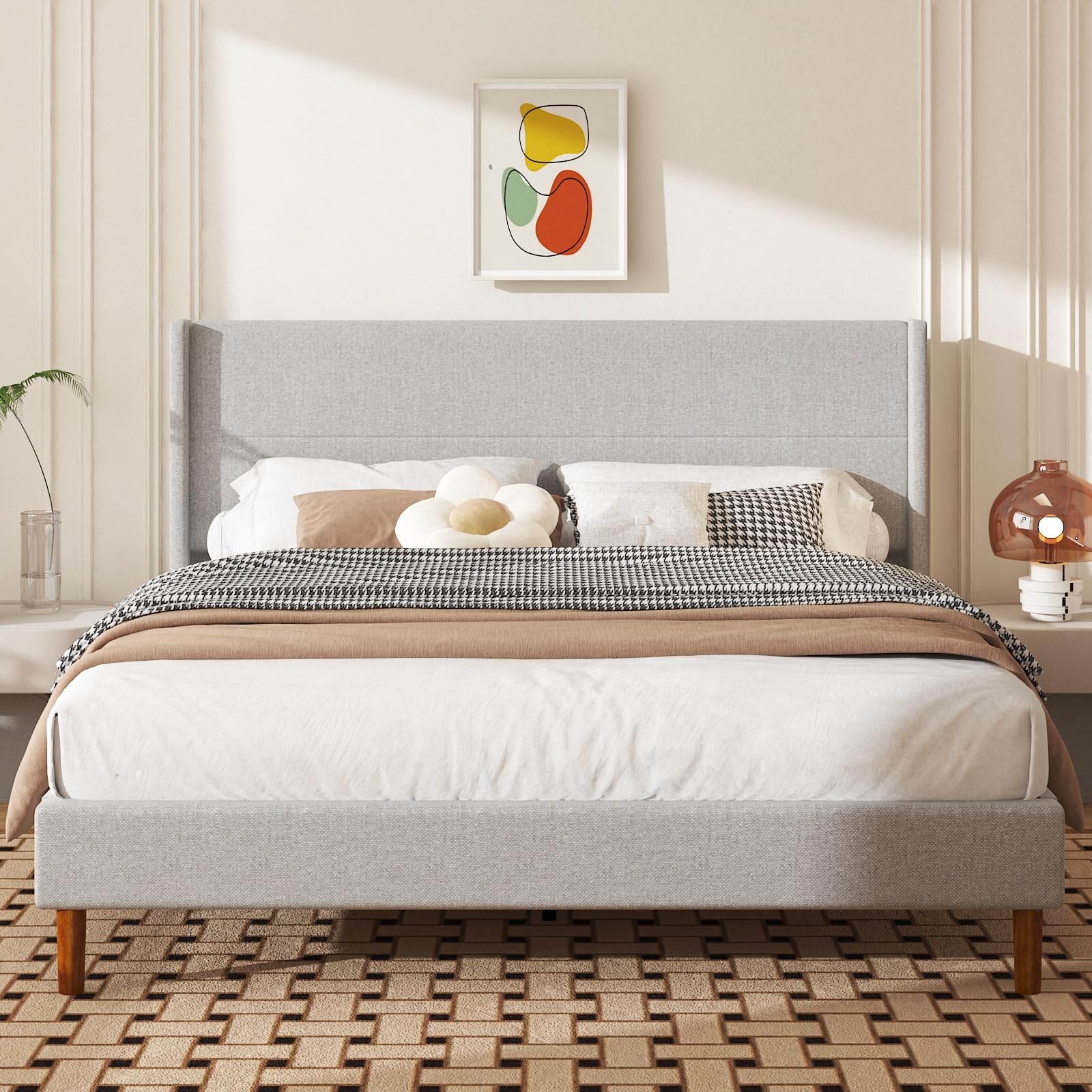King Size Bed Frame Linen Upholstered Platform with Wingback Headboard Wooden Slats Support No Box Spring Needed Easy
