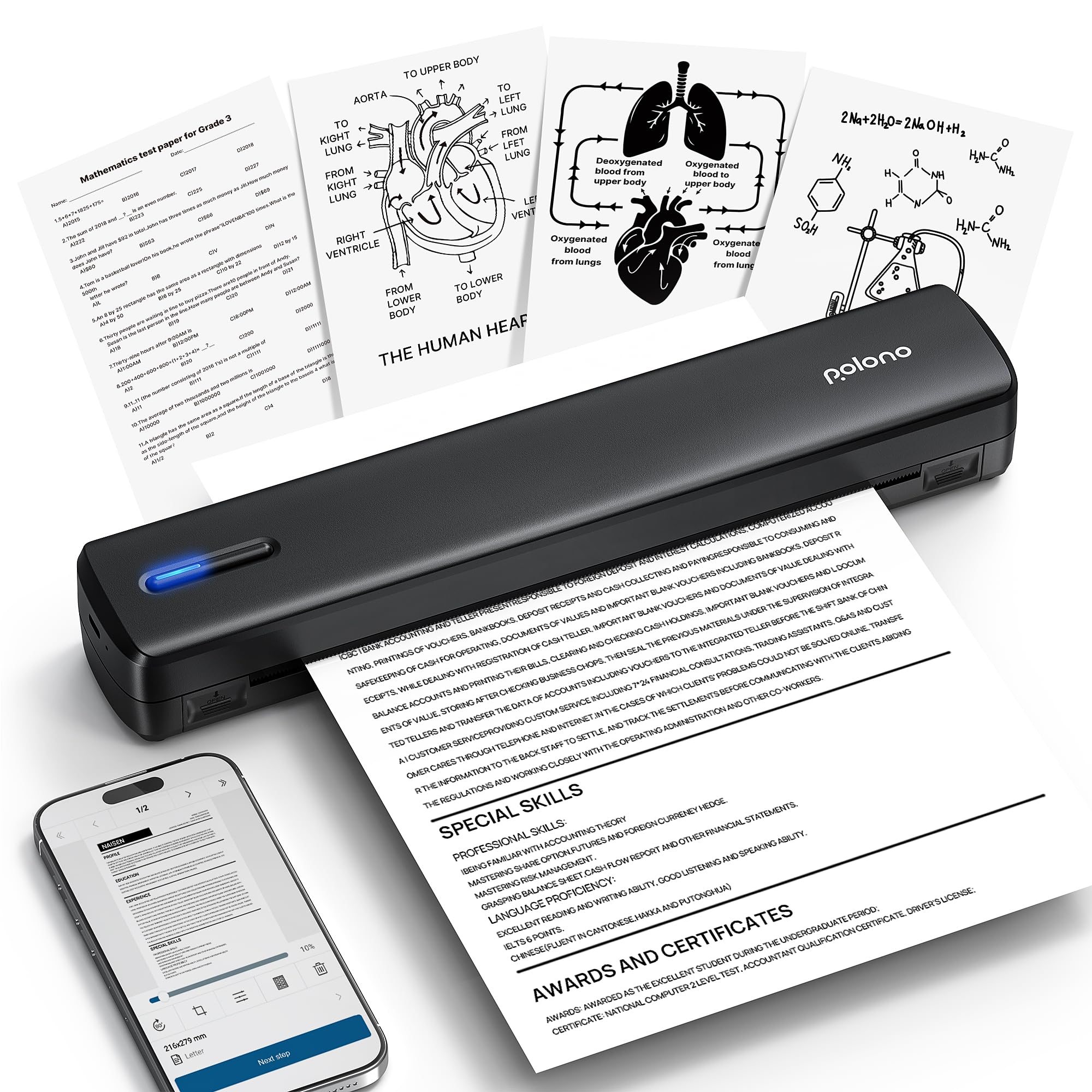 POLONO Portable Printer Wireless for Travel, D810 Bluetooth Thermal Printer Support for 8.5"x11" US Letter, Inkless Printer Compatible with iOS, Android, Laptop for Office, Car and Home, Black