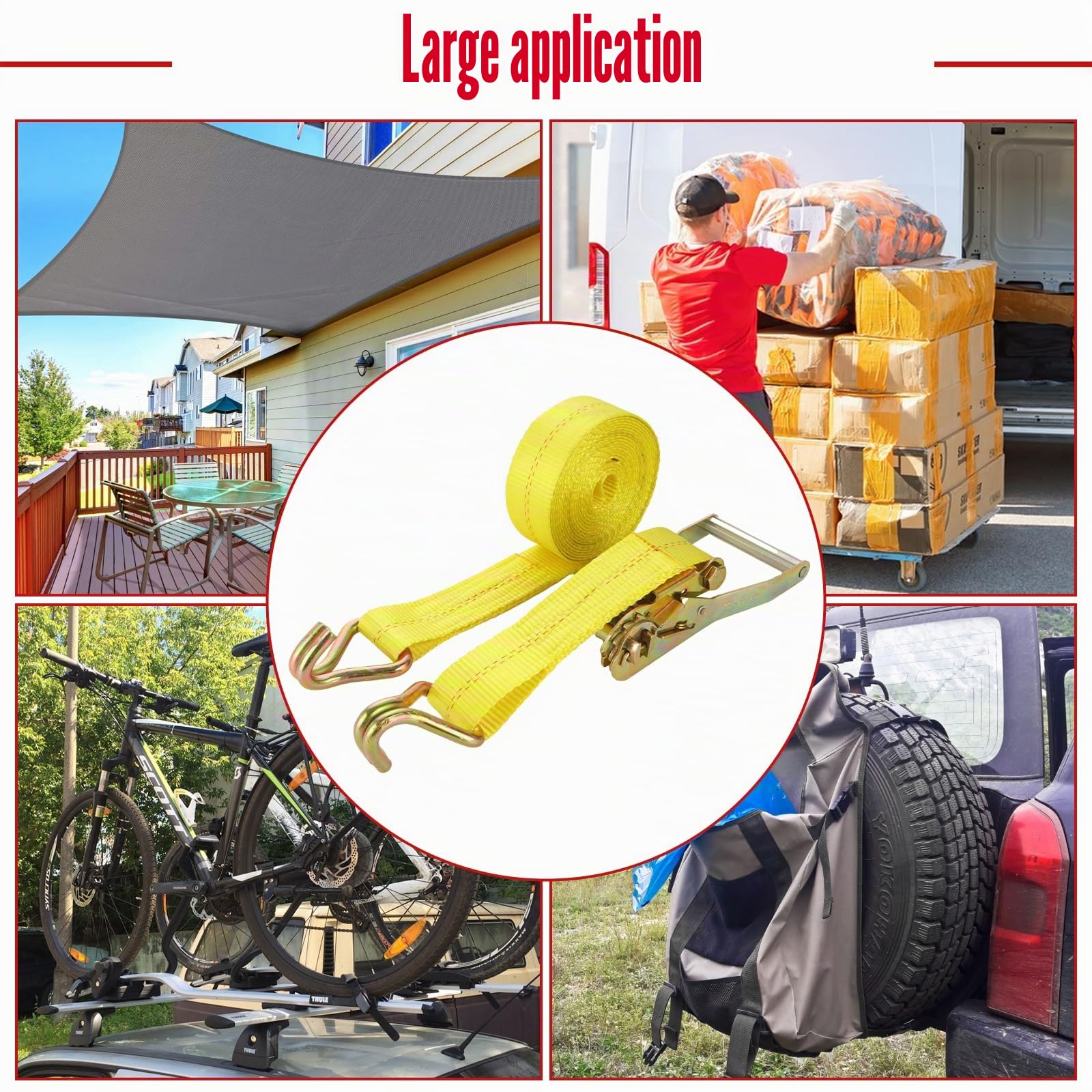 Lot de 4 sangles d'arrimage à cliquet et crochets, 5 m x 50 mm de large, en deux parties, charge lourde, 4000 kg, jaune, pour sécuriser le chargement, l'enlèvement des bagages et le camping
