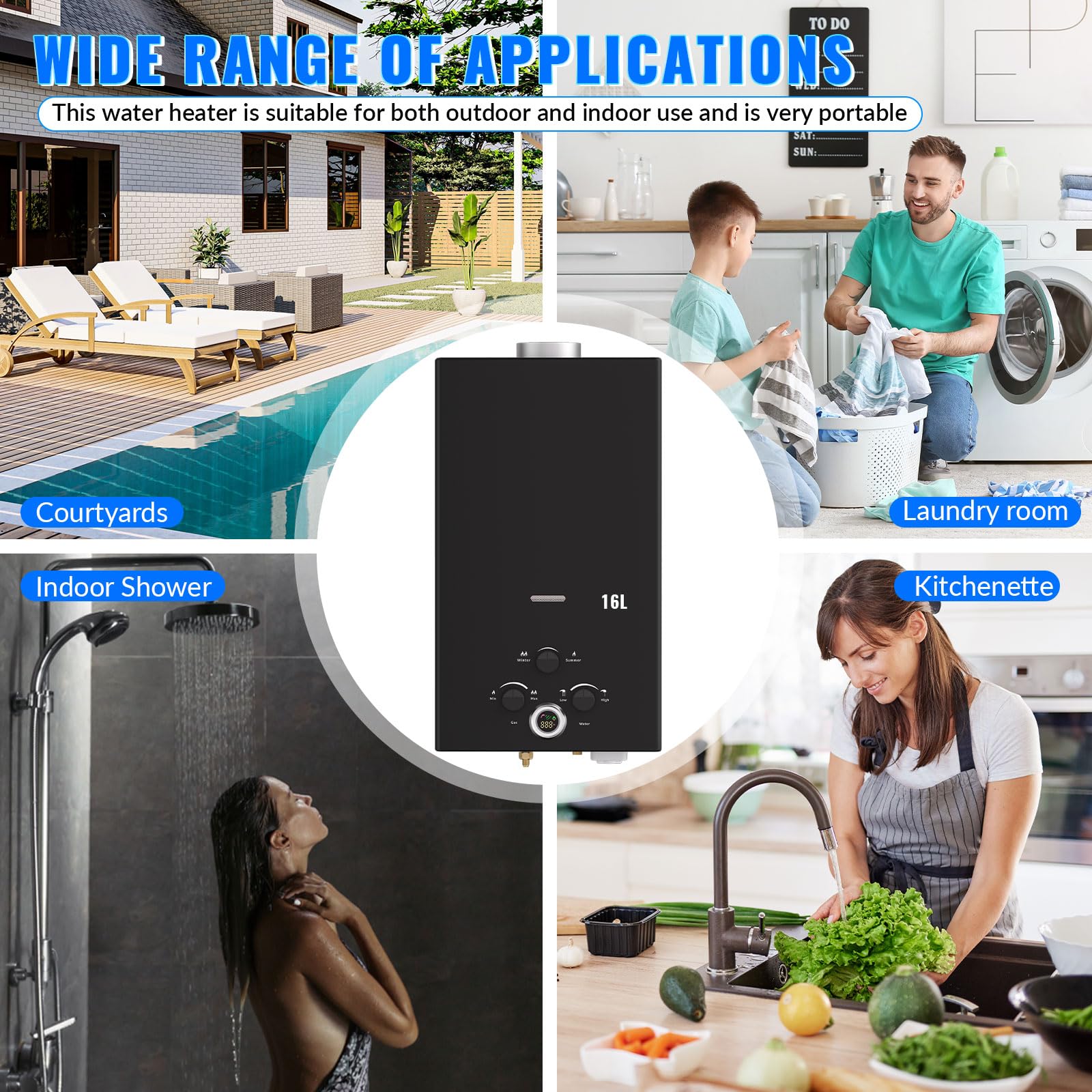 Scaldabagno a Gas 16L, All'aperto Portatile Scaldabagno Istantaneo a Propano con Display Digitale Multi-Protezione, Parete senza Serbatoio Scaldacqua Istantaneo Automatico, classe energetica A+