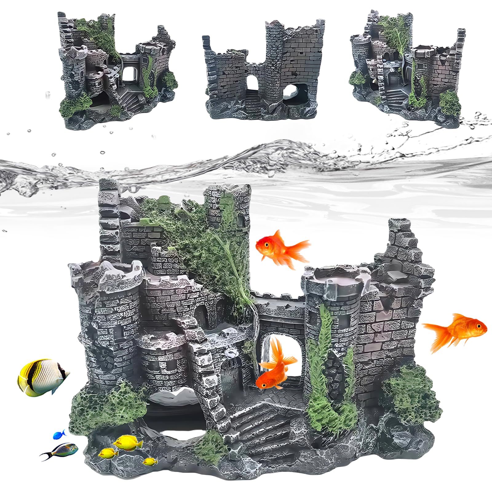 Grande décoration pour aquarium : ornements en résine, décorations de château en ruine classique, accessoires pour aquarium, paysage en polyrésine pour poissons, crevettes, tortues (château)