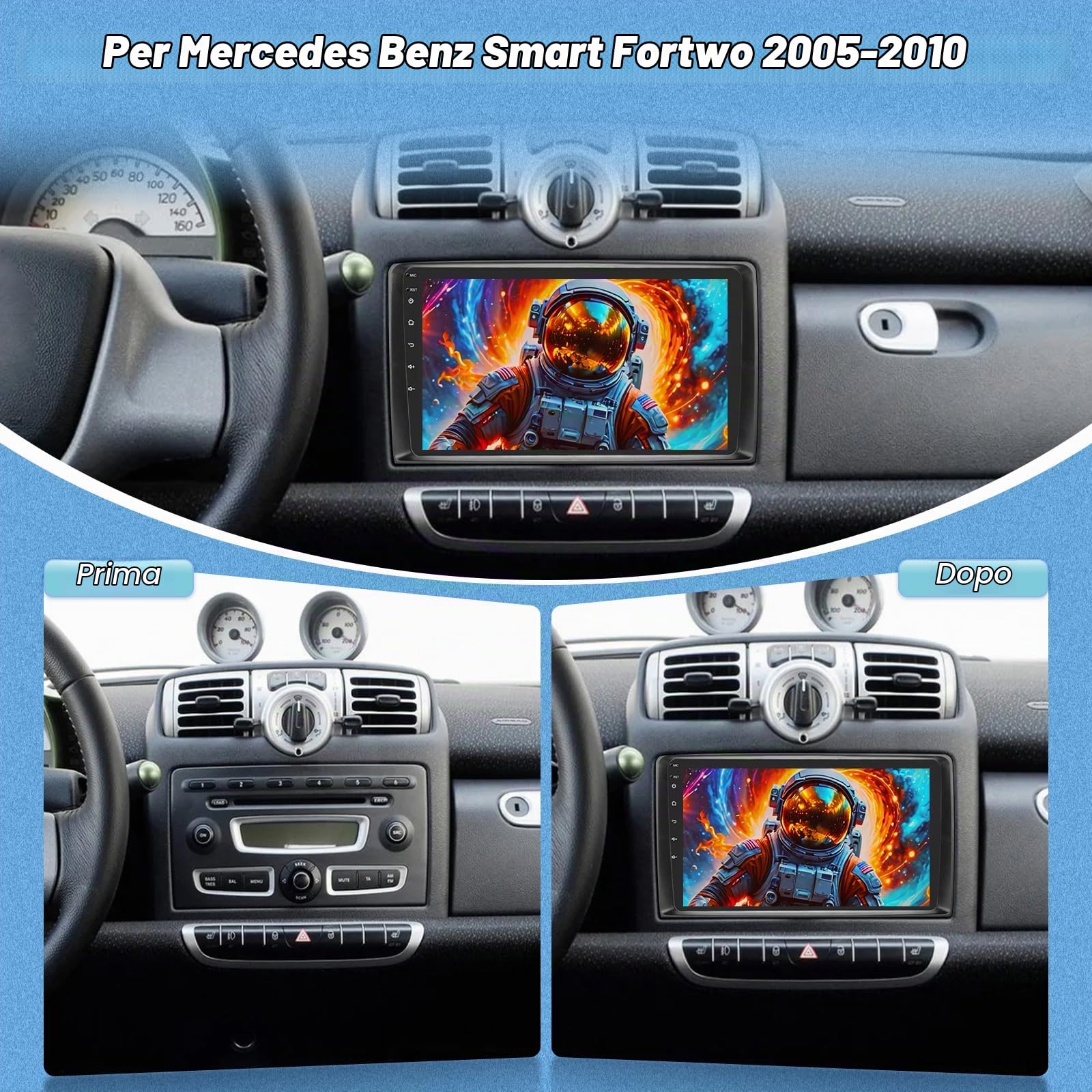 Autoradio per Mercedes Benz Smart Fortwo 2005-2010+Carplay e Android Auto | [2G+64G] Android Autoradio Touch Screen HD da 9 pollici con Senza Fili Carplay e Android Auto/ GPS/WiFi/Bluetooth/EQ/FM RDS