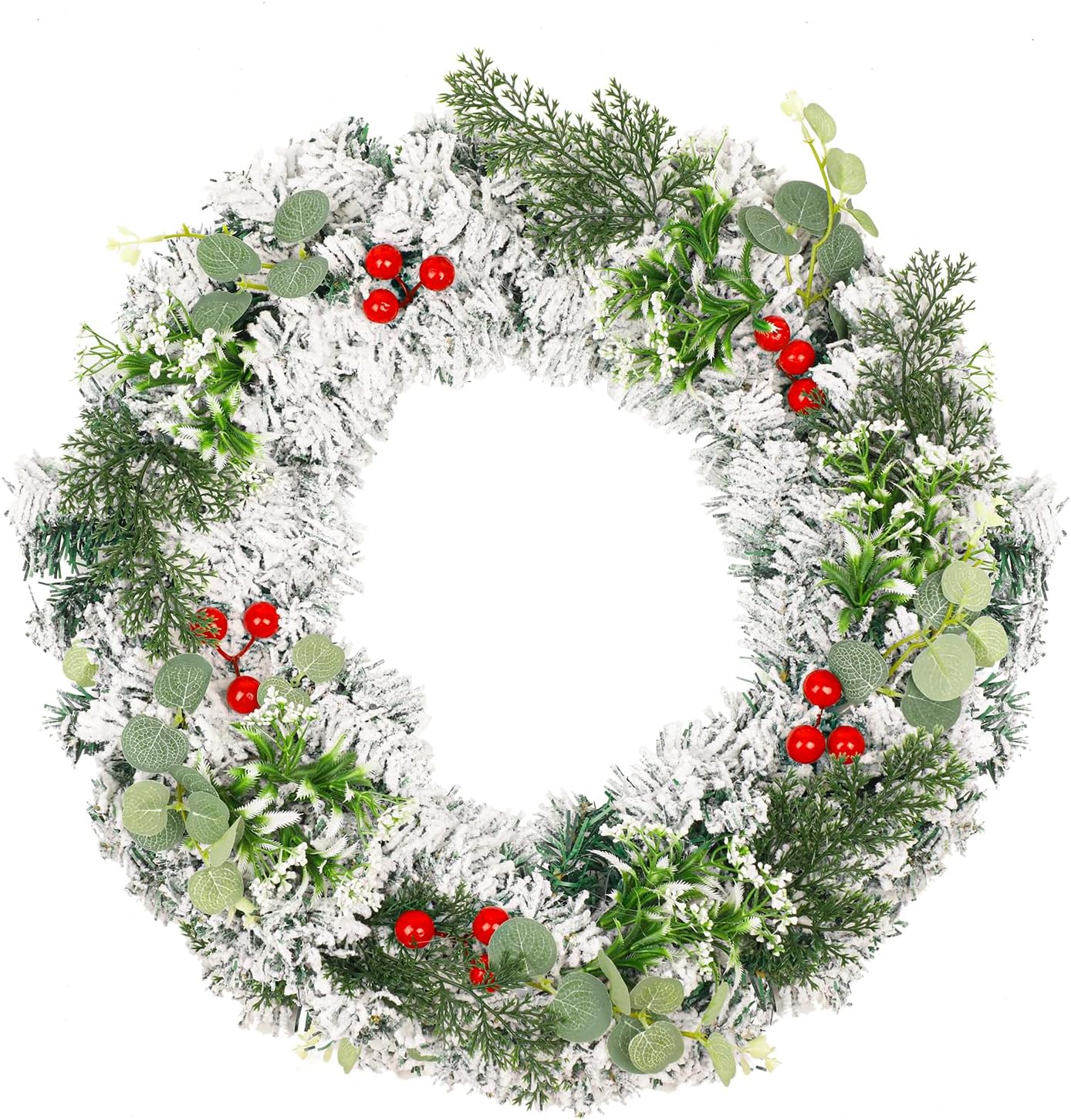 Winter Wreaths for Front Door, Outdoor Christmas Wreath Large White Xmas Reef Decorations with Snow Flocking, Green Leaf and Red Berry 16" 20 inch Handmade Premium Holiday Indoor Outside Decor Snowflake Plants 55cm/22inch