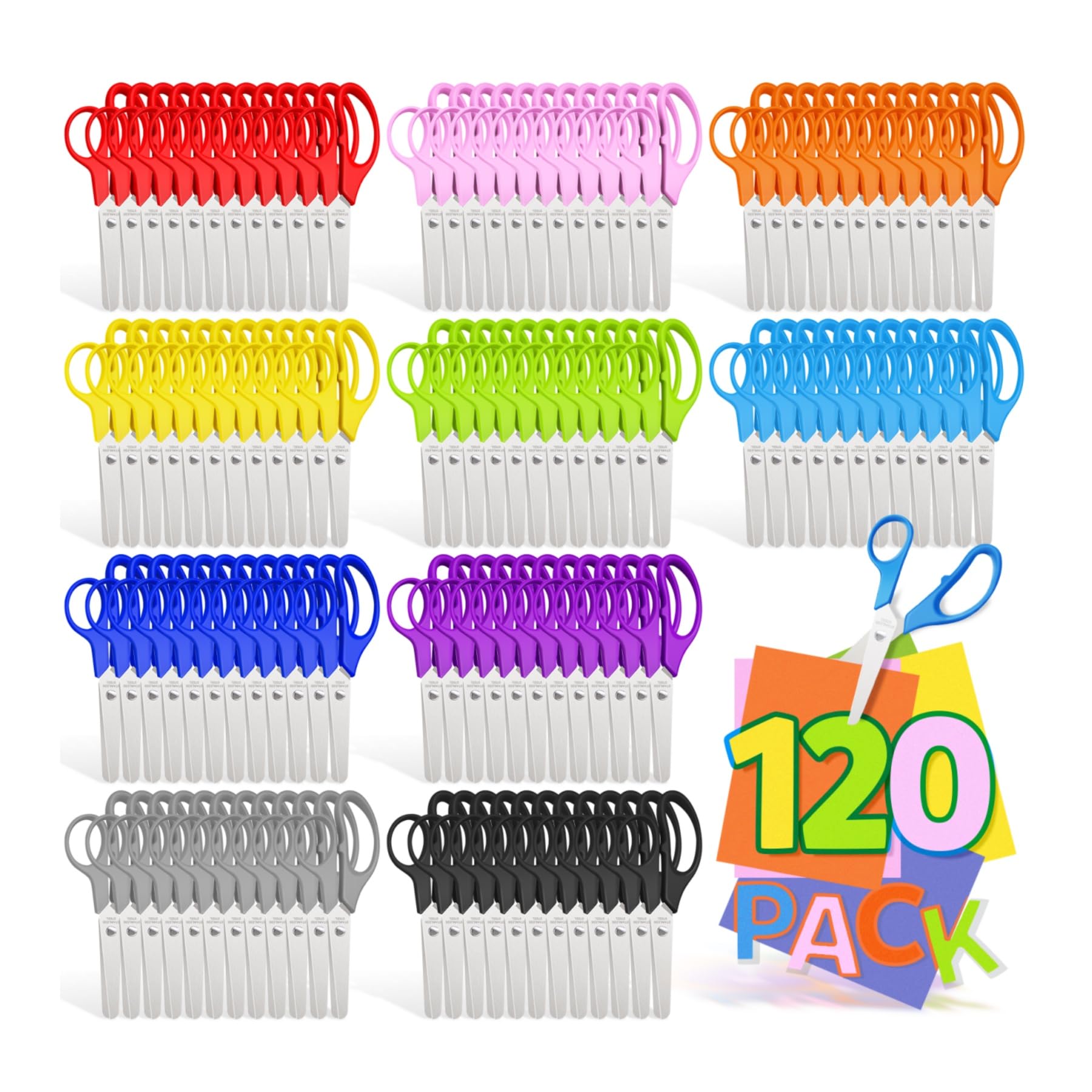 120 Pack Kids Scissors Bulk - 5" Safety Blunt Tip Craft Scissor for Preschool Kindergarten Elementary Classroom Cutting Paper, Comfort Grip, Back to School Supplies for Child Student Teacher,10 Colors