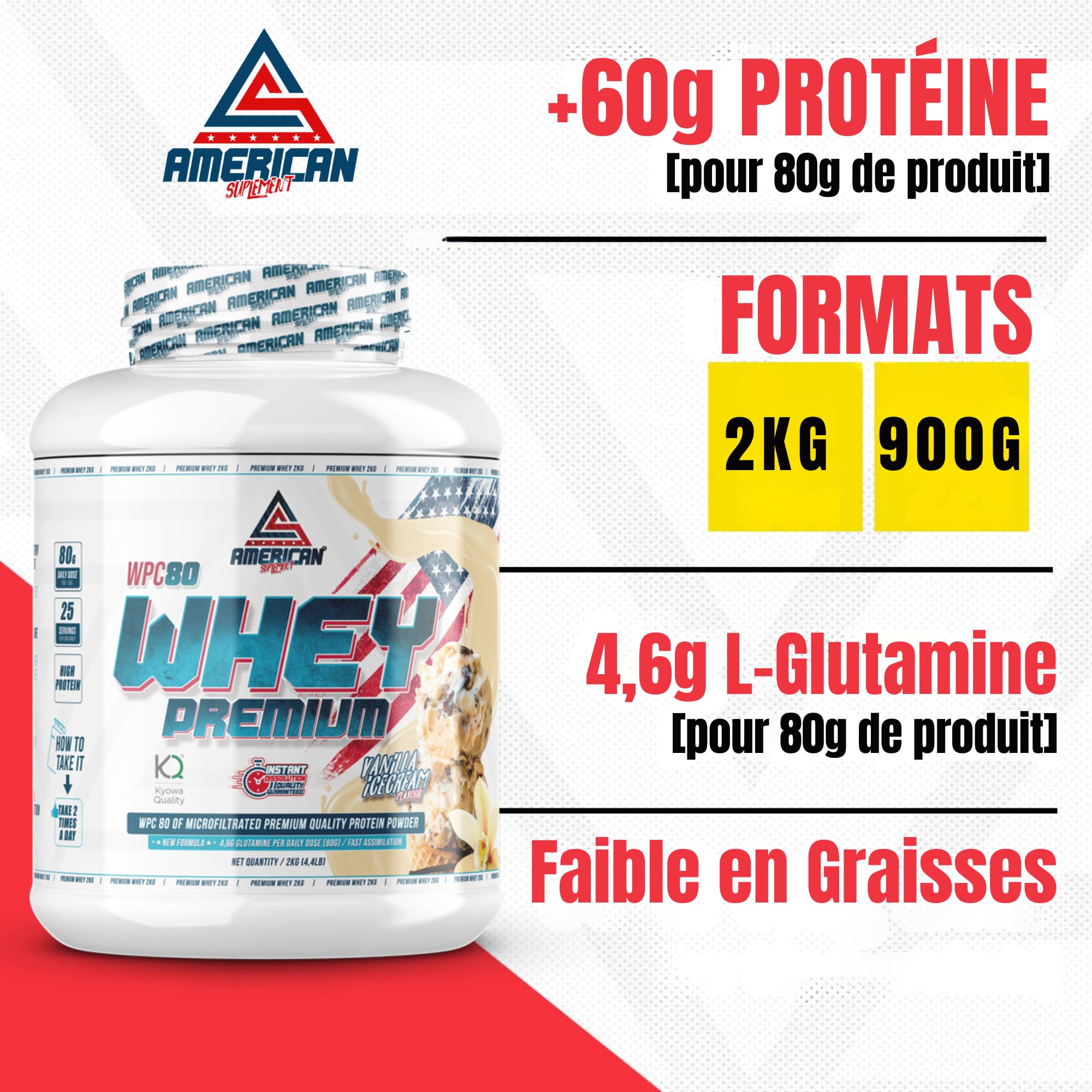 Whey Protein | Protéine de Lactosérum Premium | Favorise la Prise de Masse Musculaire | Haute Concentration en Protéines | Kyowa Quality® (900 gr, Vanille)
