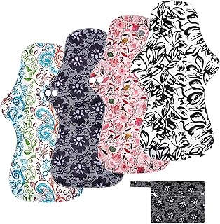 YueTech 32,5 cm zmywalne podkładki higieniczne na noc (4 opakowania) wielokrotnego użytku menstruacyjny ręcznik z bambusową warstwą pochłaniającą węgiel drzewny, na noc z zapiekanym ogonem i 1 mini torba