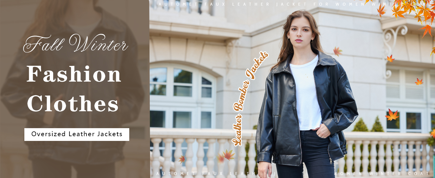 FSVABY Womens Oversized Faux Leather Motocycle Black Jacket Zip Up