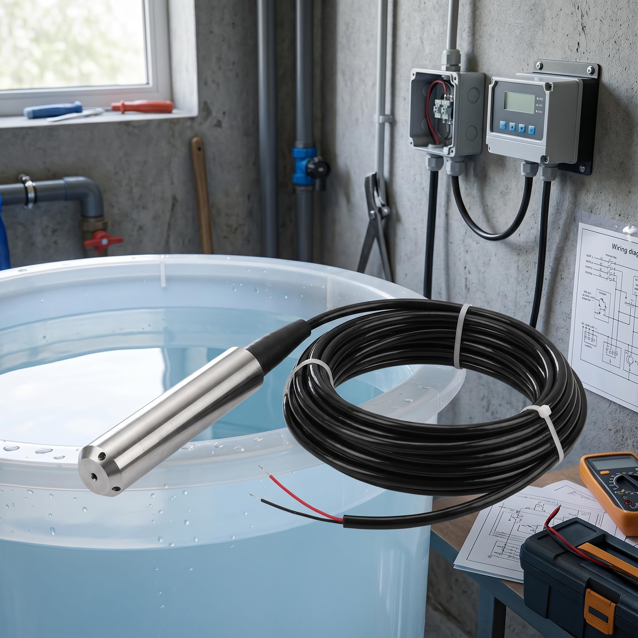 Sensor de Nivel de Agua IP68 Transmisor 4-20mA con Cable 5m Precisión 0.2%-0.5% FS Rango 0-2m 45° Industrial para Tanque Depósito Reservorio Medición Continua