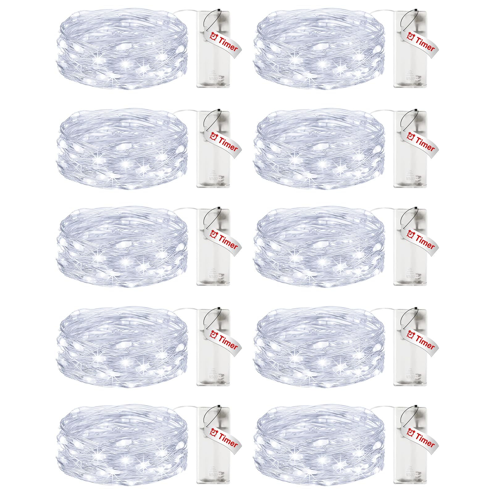 Lot de 10 guirlandes lumineuses à piles avec minuteur, 2,1 m 20 LED, étanche, fil argenté, lumières scintillantes pour chambre à coucher, Noël, mariage, décoration de fête d'intérieur, blanc froid