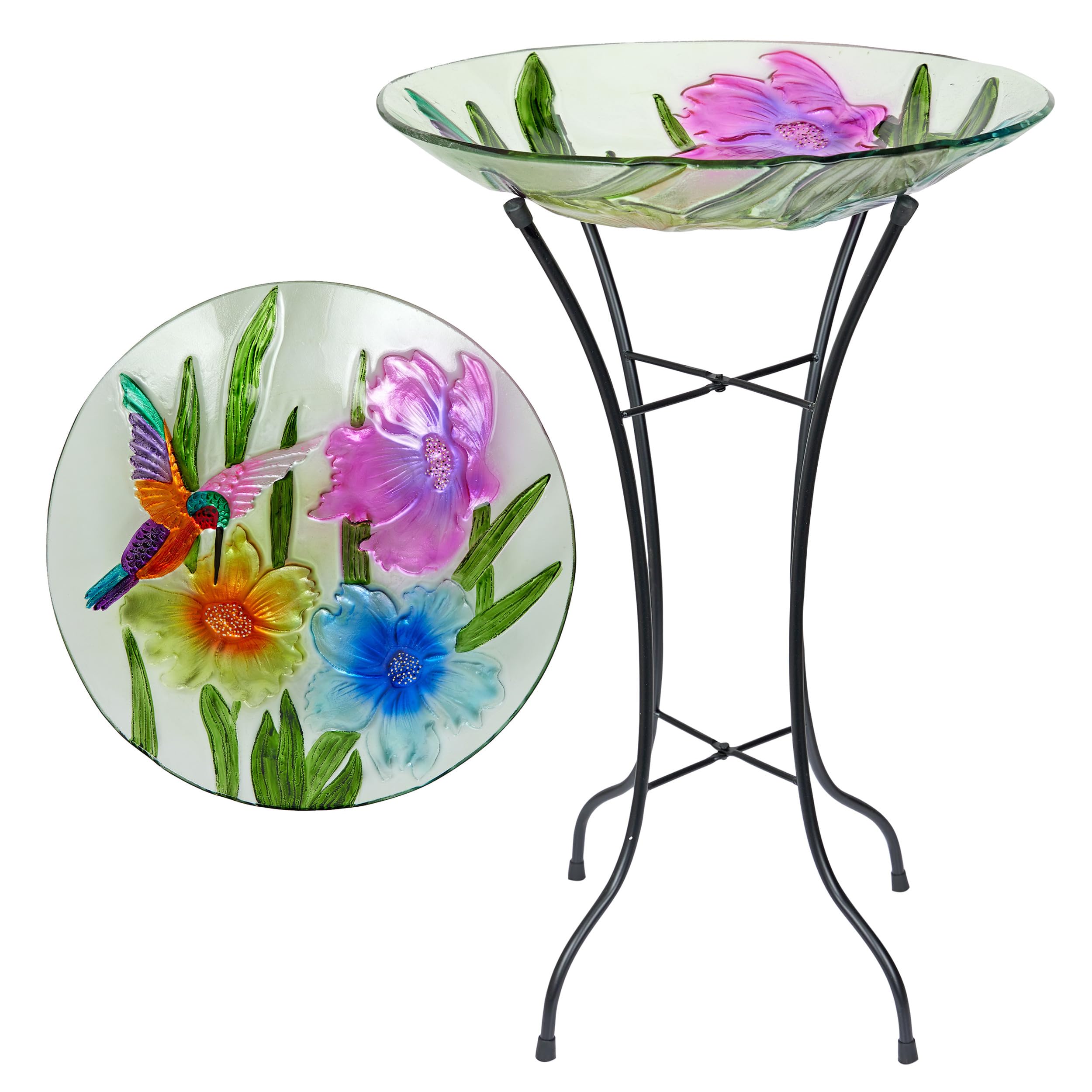 Bain d'oiseaux aux fleurs colorées avec coupelle large de 45,7 cm et piétement en métal stable