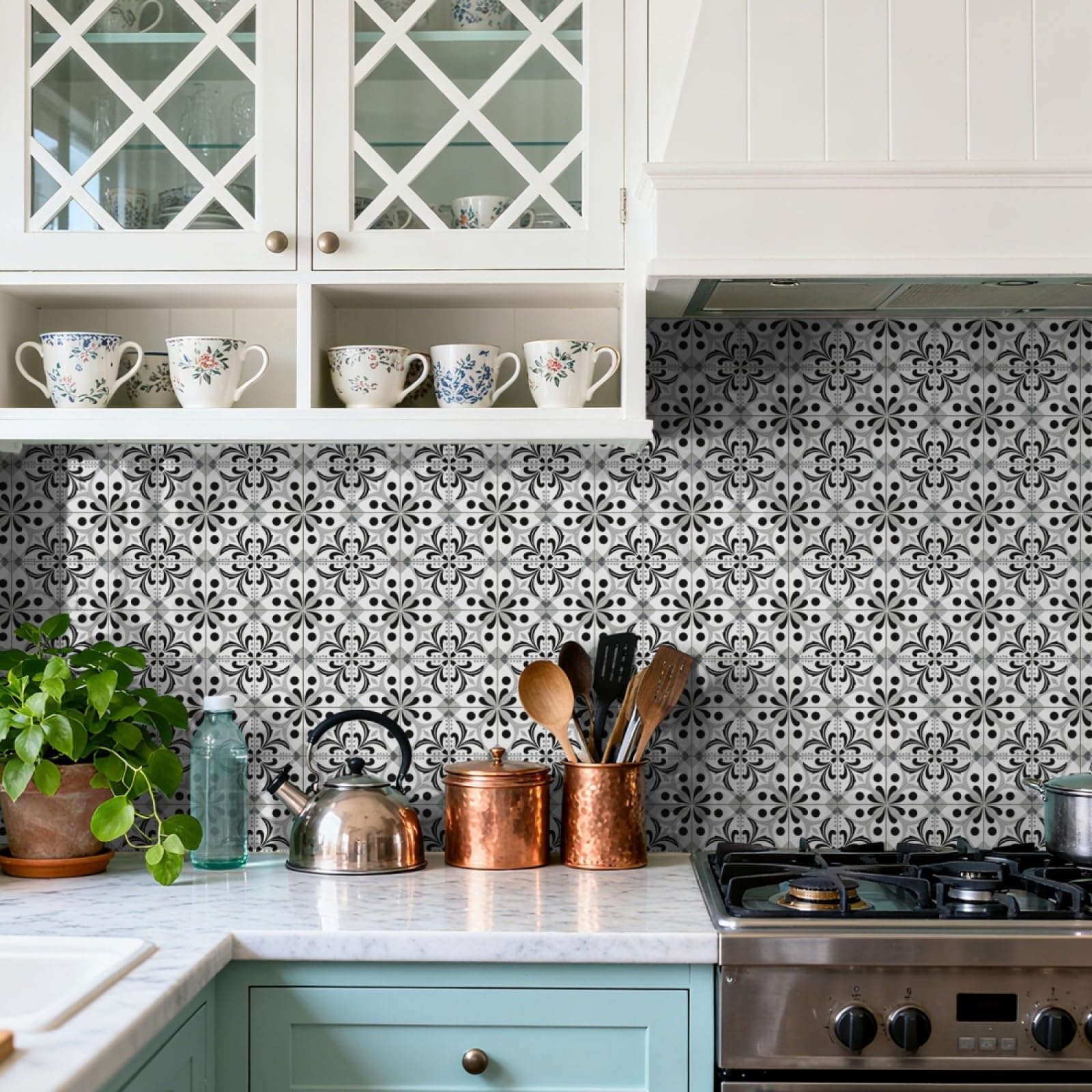 Tile Stickers Grey White Geometry Stick on Kitchen Tiles Self Adhesive Wall Tiles PVC Peel and Stick Tile Covers Transfers Oil-Proof Kitchen Splashbacks for Walls Removable 20x20cm/24 Pcs