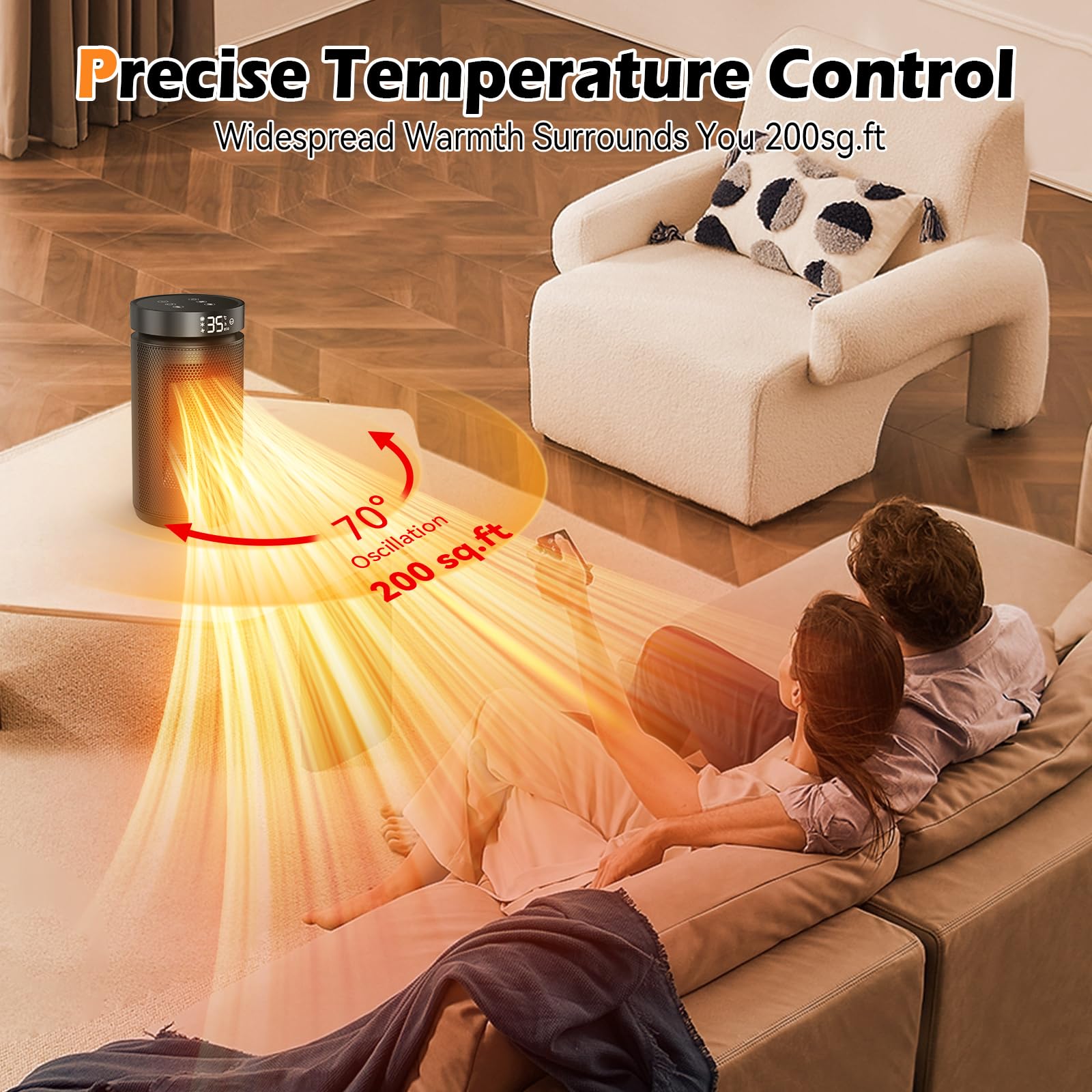 Electric Heater, 1500W Energy Efficient Fan Heater with Thermostat, 70° Oscillating Remote Control, Silent Ceramic Fan - Image 3