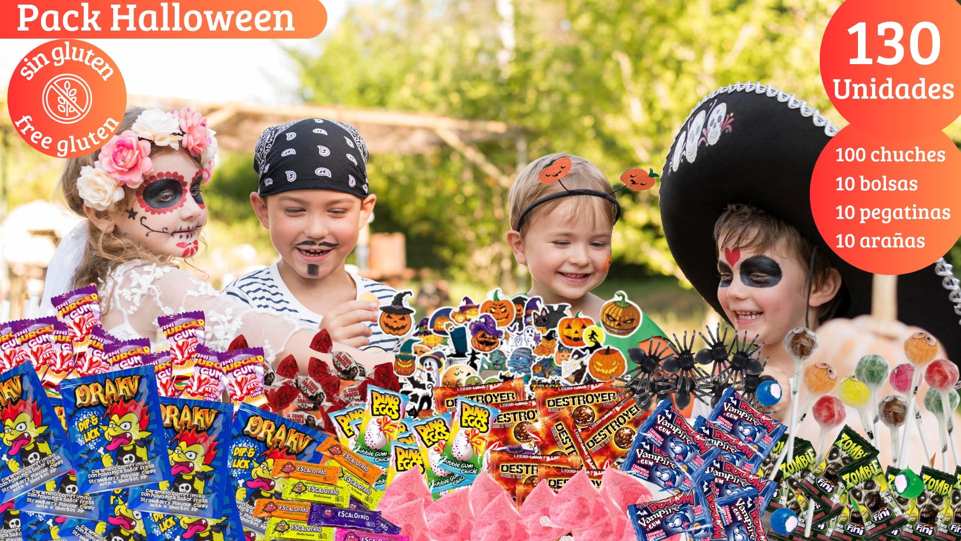 NEVALÜ Pack Halloween 100 Chuches + 10 Bolsas + 10 Pegatinas + 10 Arañas de Juguete. Surtido Envuelto Individualmente.