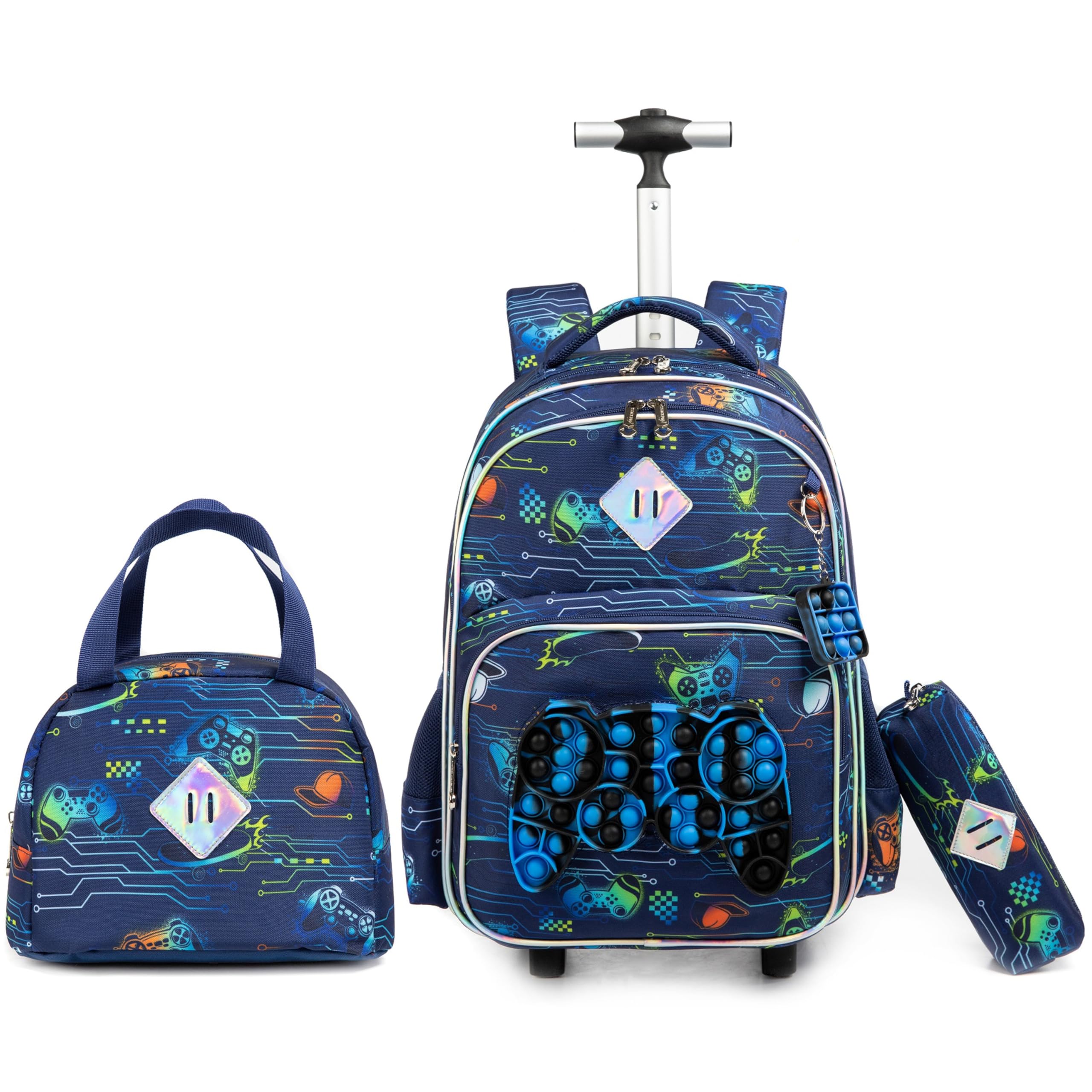 Kinder Rolling Gamepad Rucksack für Jungen Gepäck Koffer mit Rädern Trolley gerollt POP Roller Rucksäcke für Elementary Travel School Bags 17“ 3PCS Spielzeug Rucksack mit Lunch-Box Blau