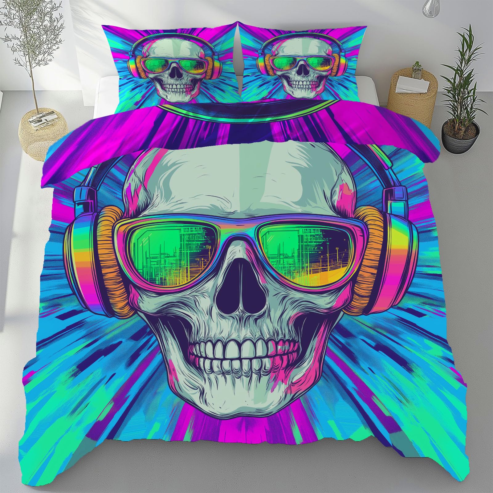 Parure de lit Néon Skull 240x260 anti-plis en microfibre douce avec fermeture éclair