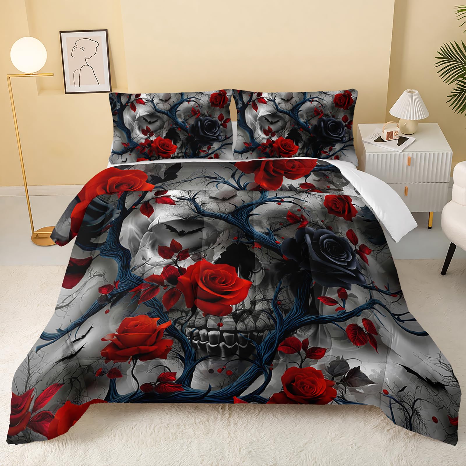 QOOMO Red Flowers Kids Bedding Set,Plants Print Comforter Set Twin Size for Boys Girls Teen Room Decorat,Soft Lightweight Bed Set All Season,1 Comforter 2 Pillowcases