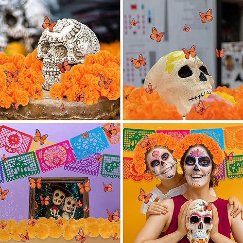 Miniatura 6 de Juego de 65 decoraciones del Día de los Muertos, incluye 1 guirnalda de caléndula artificial, 30 flores de caléndula con tallo, 10 pancartas
