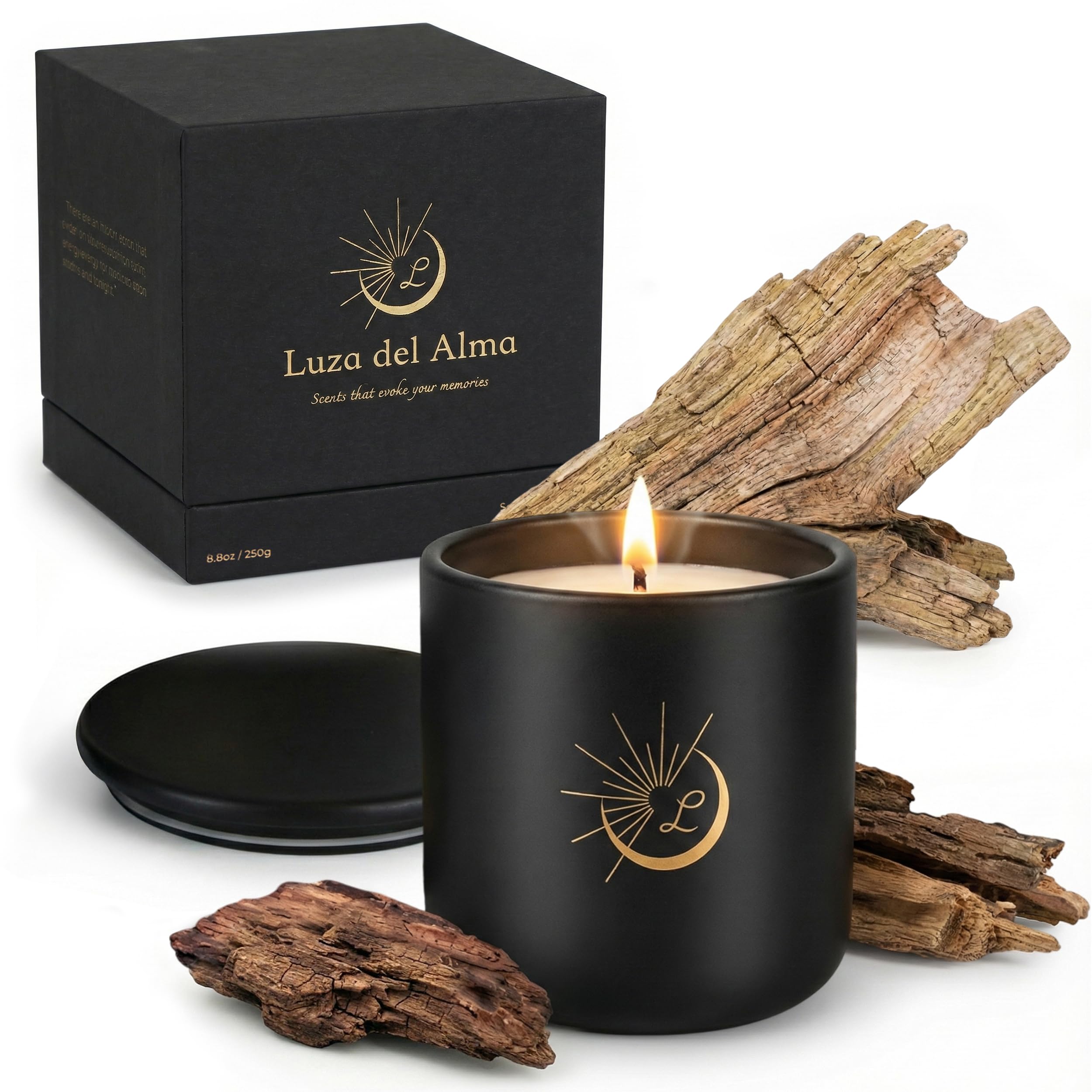 Luza del Alma Sandalwood Soy Wax Candle 8.8oz — Matte Black Ceramic Jar, Cotton Wick — Long-Lasting 52-Hour Clean Burn — Aromatherapy Gift Candle for