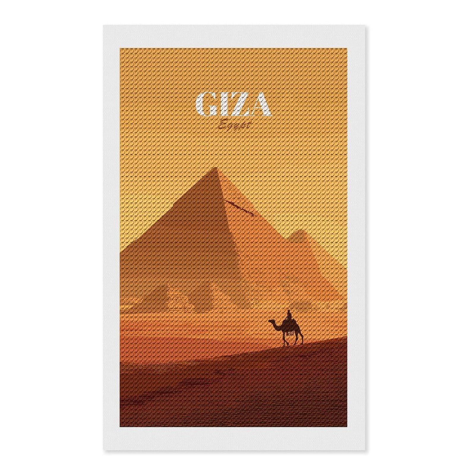 Junmoney Giza Egypt Pyramid Camel Desert Illustration Diamond Art Kit 12"x20", Creative Leisure Activity, Complete Accessories, Vintage Style Decor, for Women