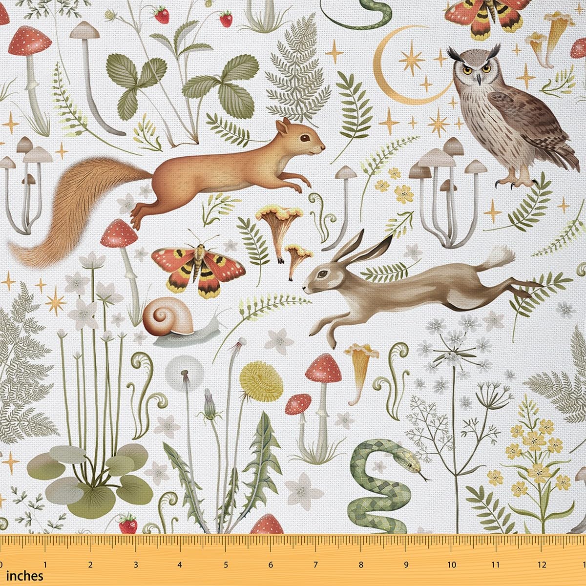 Cute Animals Fabric by The Yard Watercolor Mushroom Wild Moth Fabric for Kids Sewing Lovers Cartoon Rabbit Snake Squirrel Jungle Themed Fabric for Room Decor and DIY Upholstery 2 Yards — image 1
