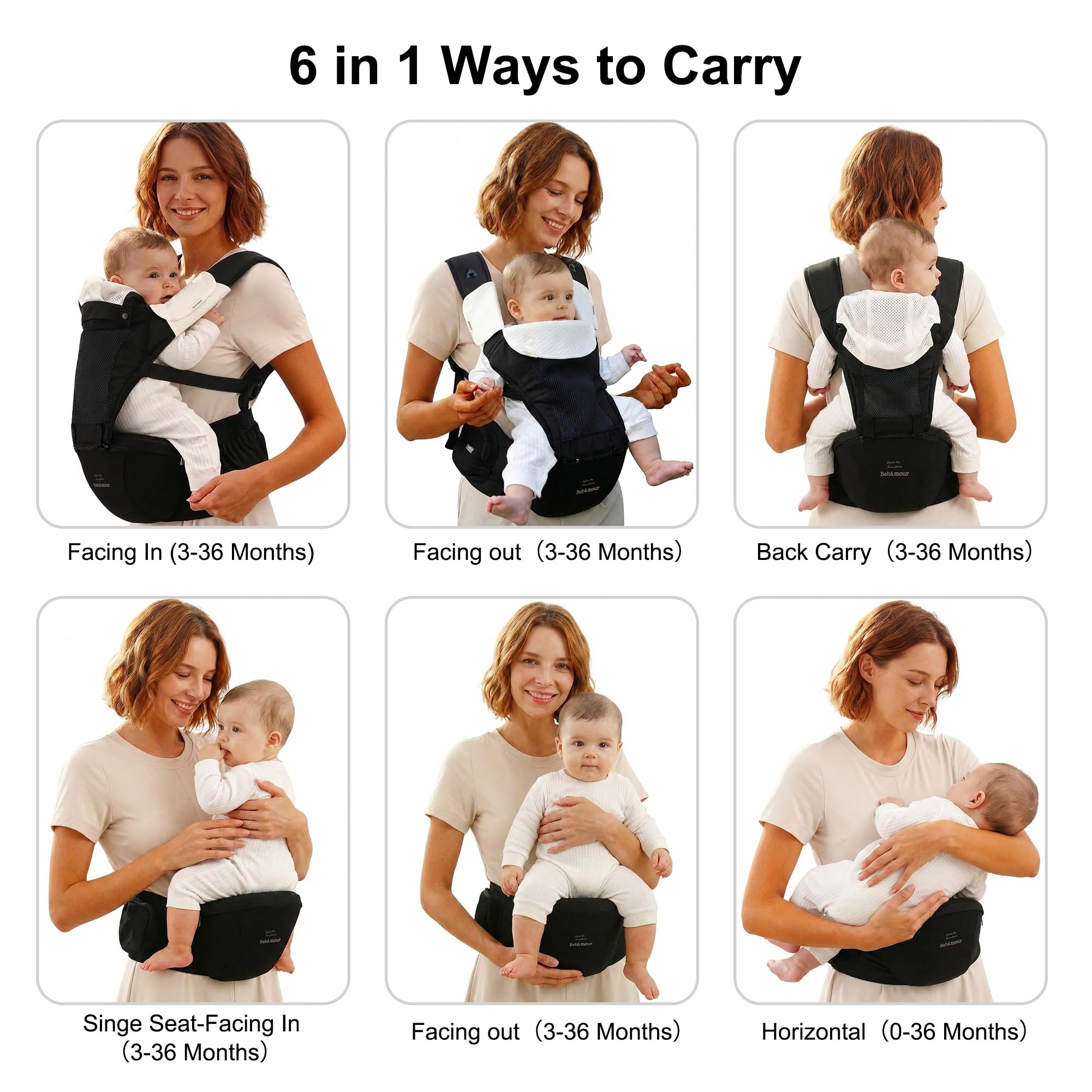 Bebamour Baby Carrier Newborn to Toddler Baby Carrier Hipseat 0-36Months with Head Hood, 3 PCS Teething Pads, Waist Extender, Storage Bag & Pacifier Case (Black) — view 6