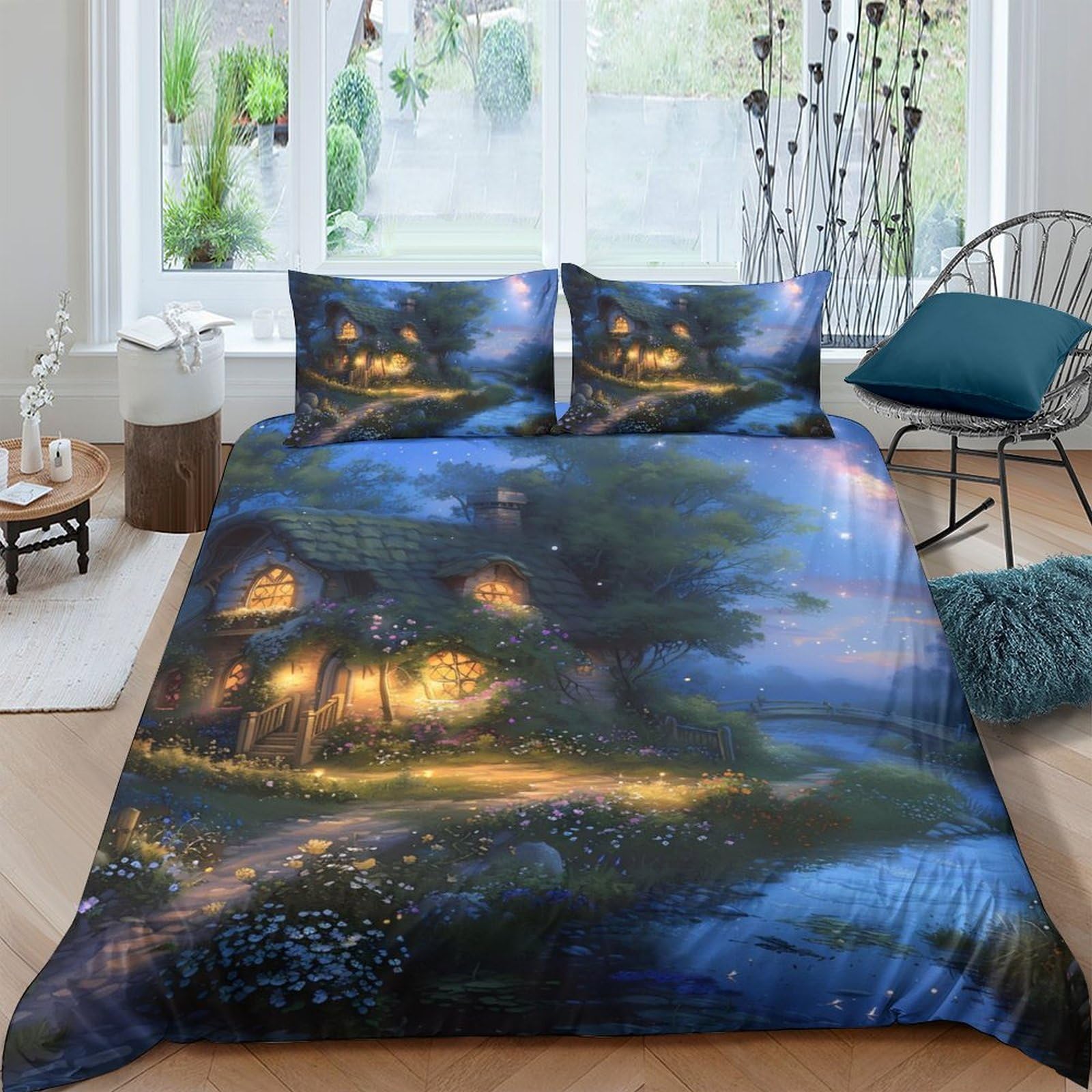 Ctjqhvkz Style-5 3D Printed Fairy Tale Cottage Fitted Sheet Microfiber Soft Blue Night Forest Bed Cover For Bedroom Guest Room Decor Single（135X200cm）