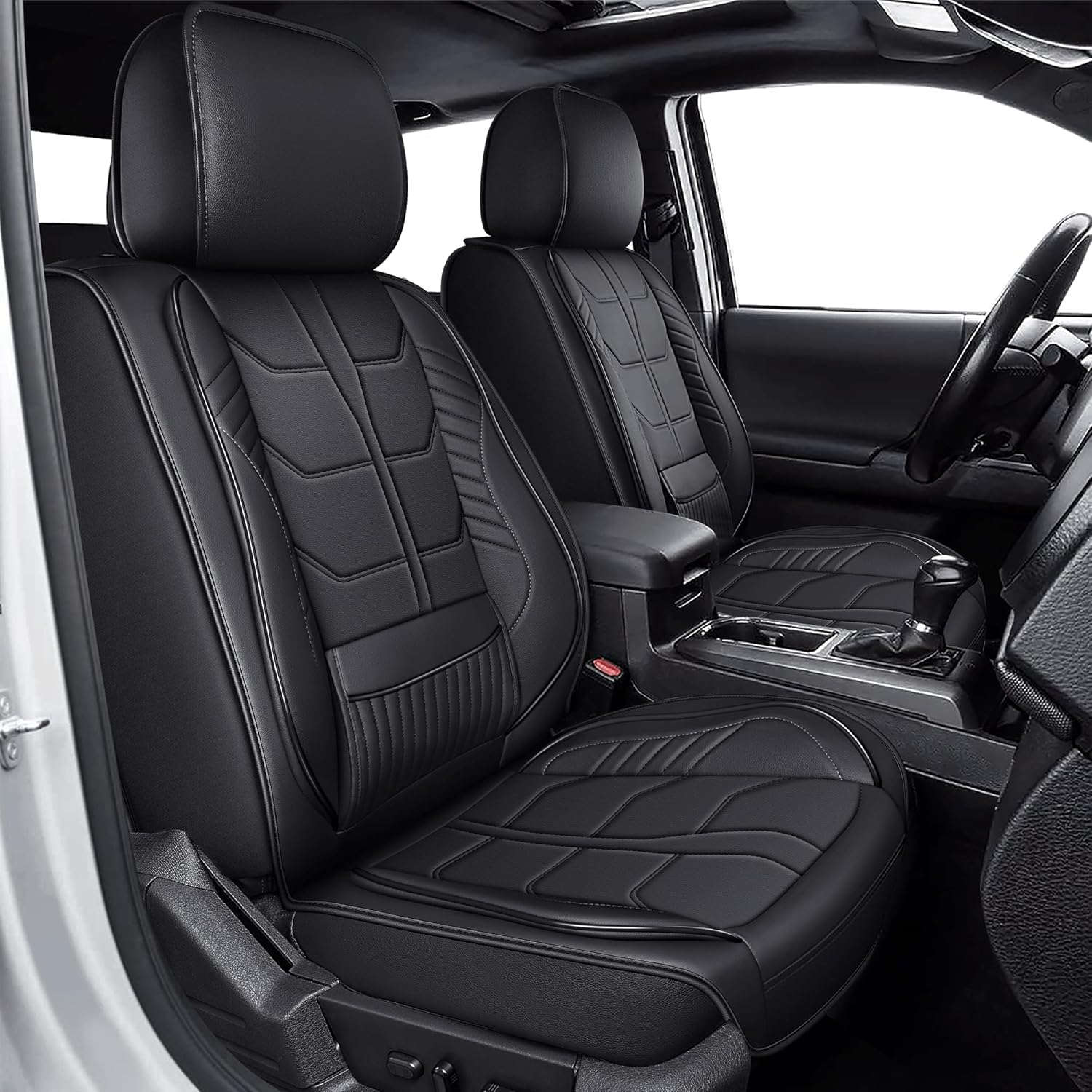 Custom Fit for Toyota Tacoma Seat Covers 2024-2025 2026 Front Set Waterproof Faux Leather Durable Seat Covers for Toyota Tacoma with Lumbar Support(2 Seats,Black)