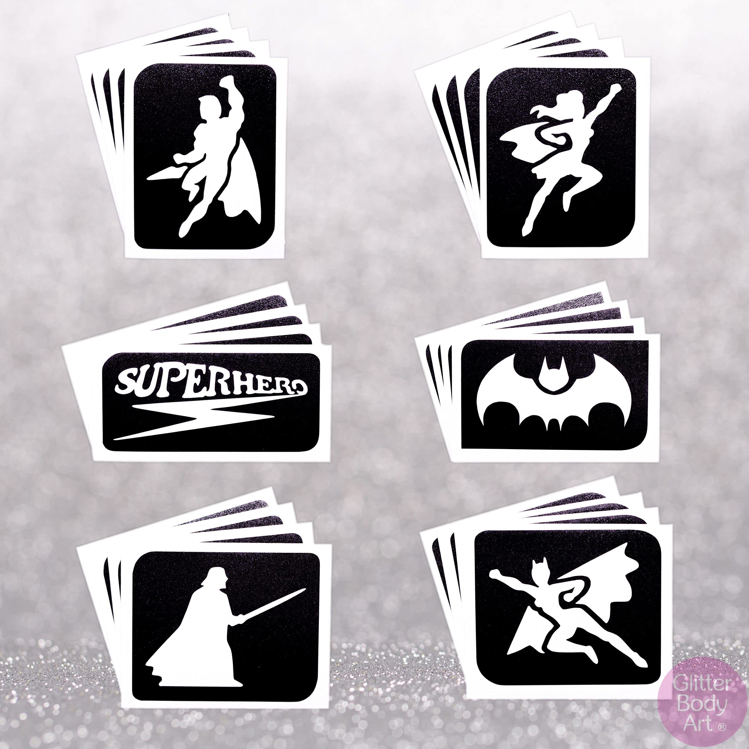 Superhero Glitter Tattoo Stencil Pack of 24 x Superheroes stencil