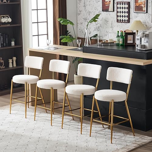 Juego de 4 taburetes de bar tapizados de tela de peluche con respaldo, sillas de bar de comedor tapizadas modernas con patas de metal dorado y