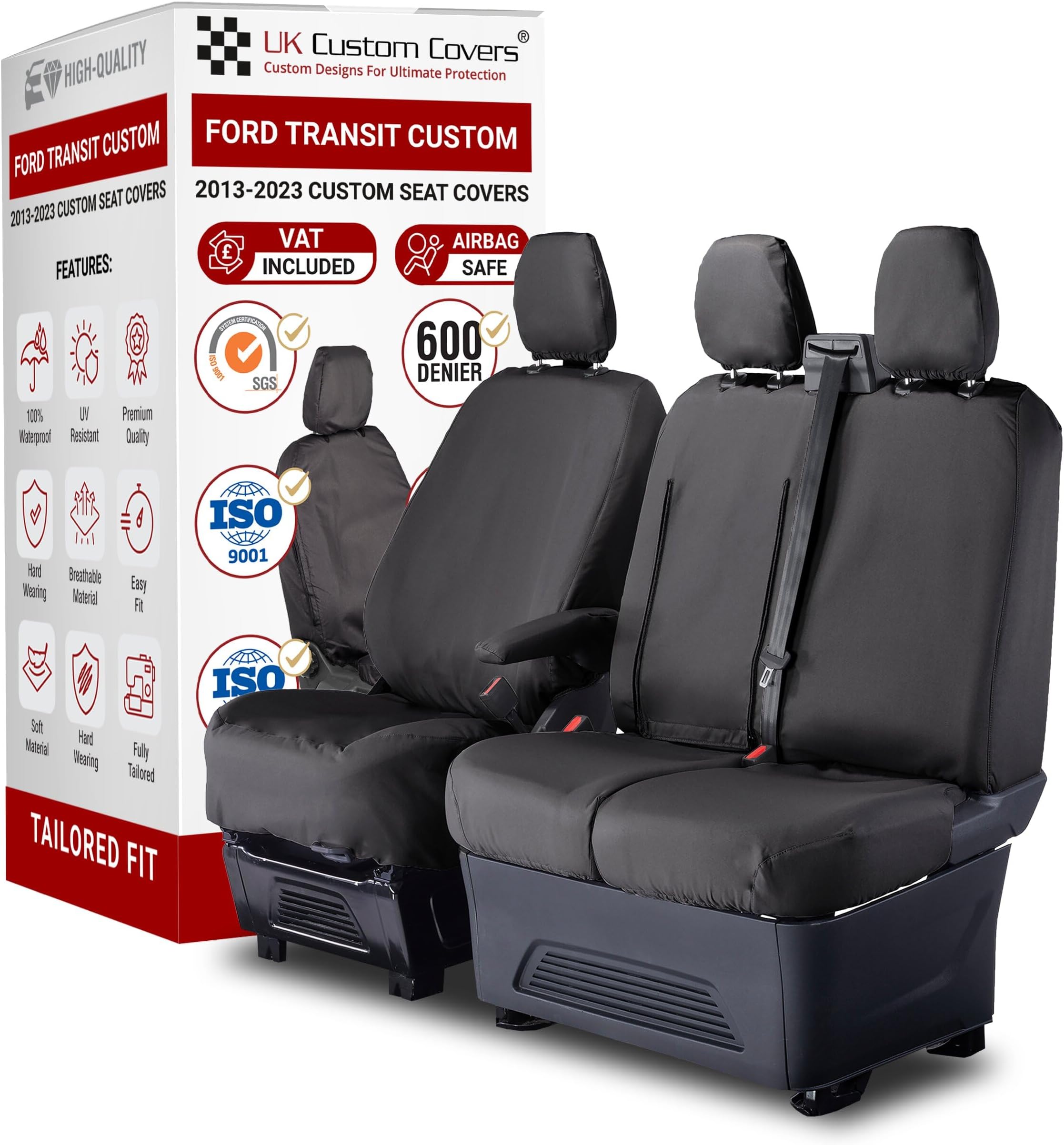 To Fit Ford Transit Custom Seat Covers (2013-2023) Tailored Heavy Duty Waterproof (Single/Double WITH Pull Down Tray) Black - SC102B