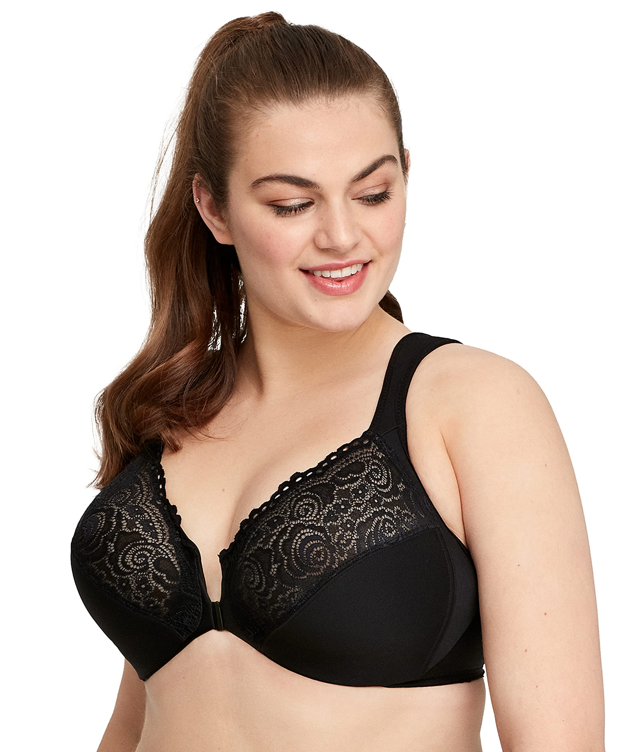 Glamorise Womens Wonderwire Front-Closure Underwire #1245 Full Coverage Bra, Black, 42D US