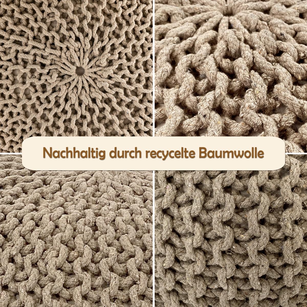 Strickhocker Pouf Ø45 o. 55cm Bodenkissen Sitzpouf XXL Baumwolle nachhaltig Größe ø 55 cm, Farbe beige