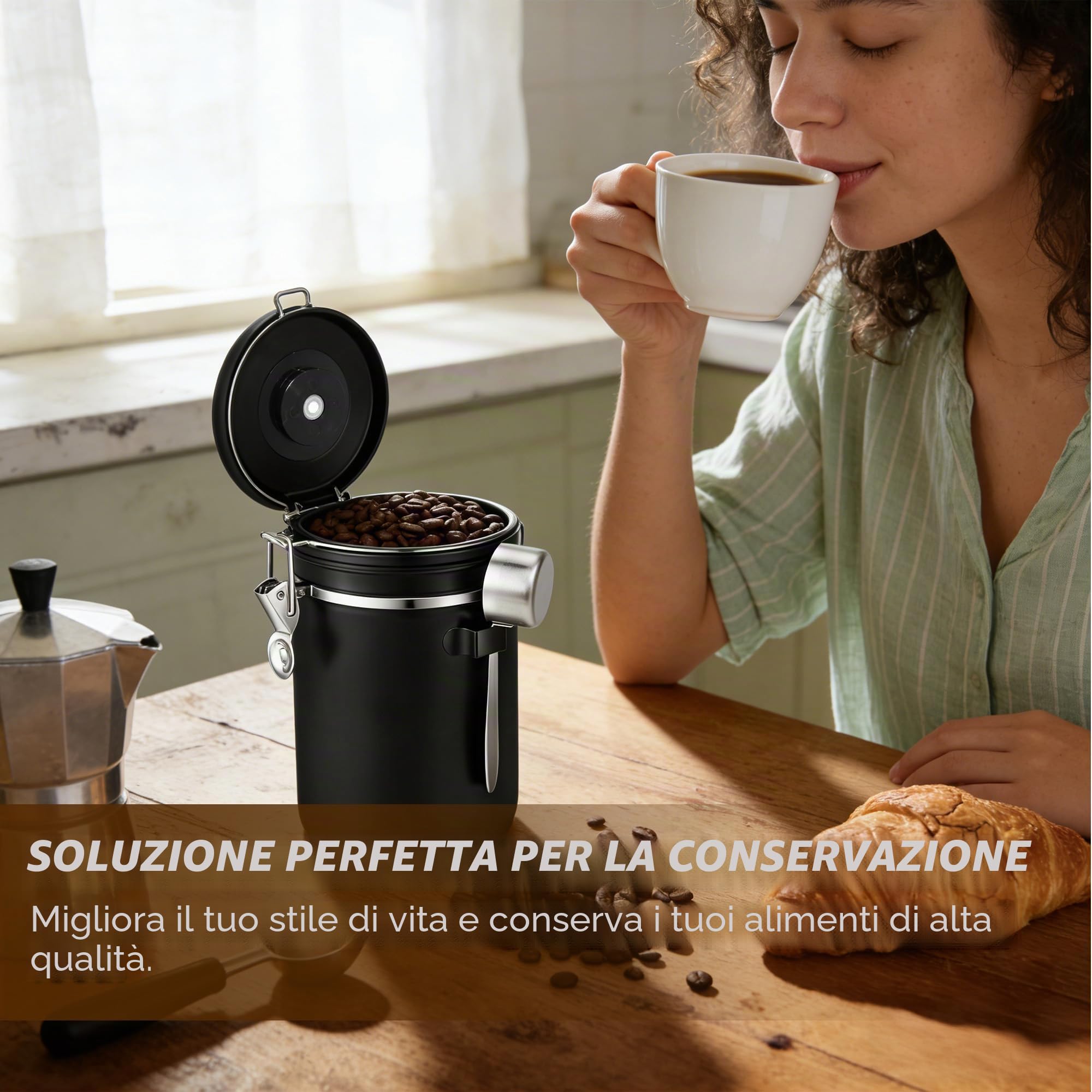 Barattolo Ermetico per Chicchi di Caffè da 1 KG, Contenitore per Chicchi in Acciaio Inox, 2.8L, Sottovuoto per Chicchi di Caffè, Polvere di Caffè, Tè, Zucchero