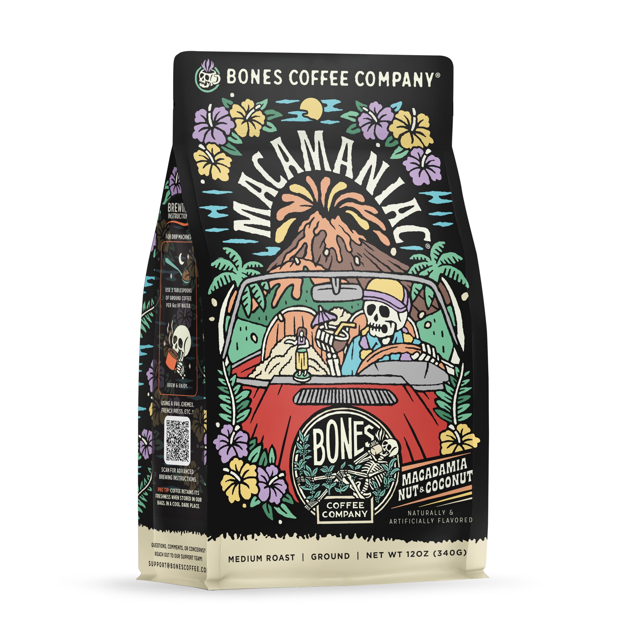 Bones Coffee Company Macamaniac, Macadamia and Coconut Flavored Coffee, Medium Roast Low Acid Arabica Beans Compatible with Auto drip and French Press Coffee Maker, 12 Oz Ground