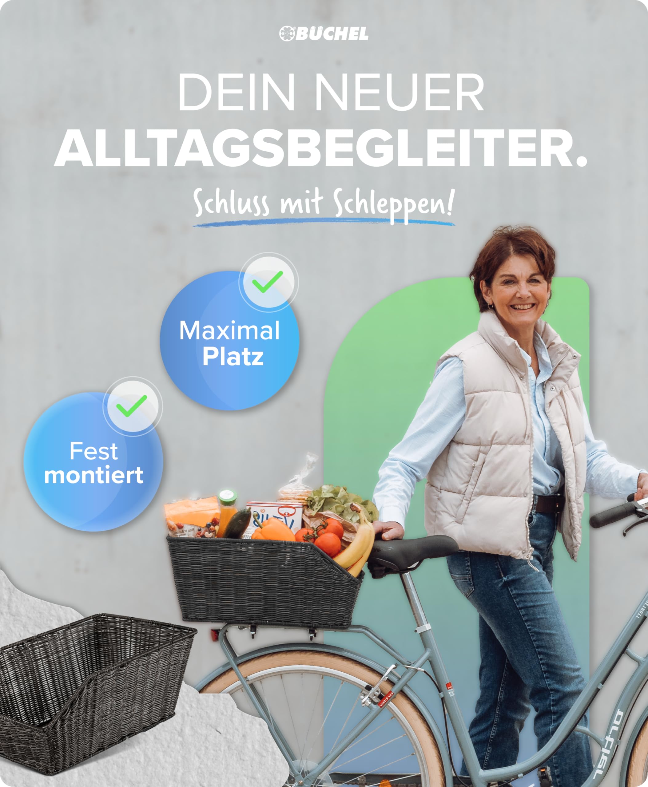 Büchel 40504530 - Cestino per Bicicletta in polyrattan, Colore: Grigio