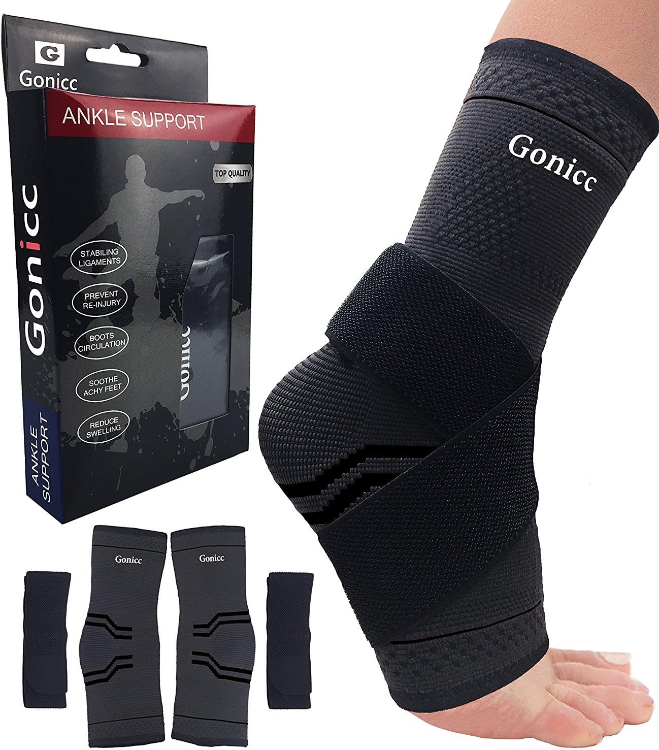 gonicc Professional Foot Sleeve Pair(2 Pcs) with Compression Wrap Support(Middle, Black), Breathable, Stabiling Ligaments, Prevent Re-injury, Ankle Brace, Volleyball Protective Gear Ankle Guards