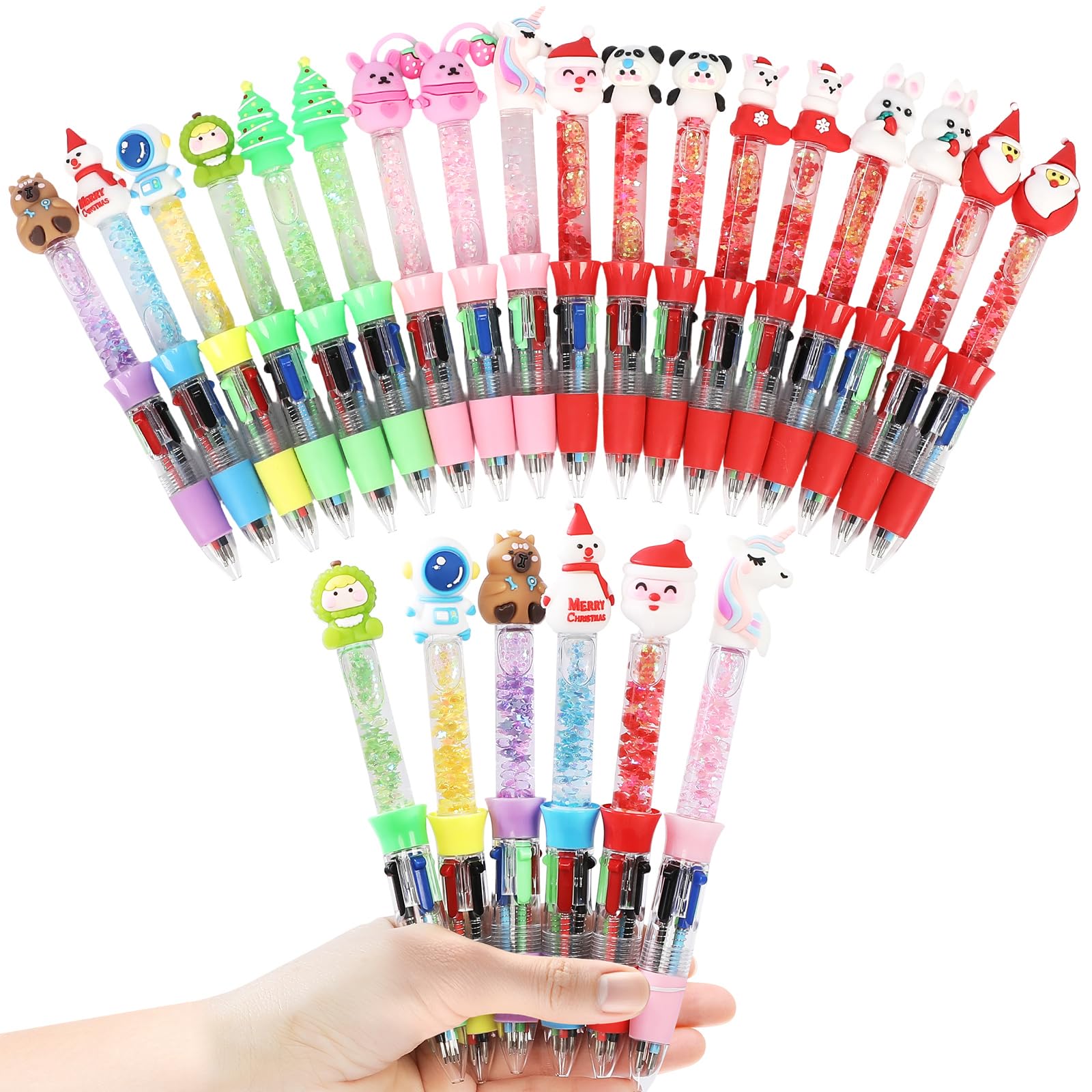 24 Pack 4 Colour Liquid Motion Pens, Multi Coloured Retractable Ballpoint Pens with Glitter Flow, Novelty Party Bag Fillers for Kids, Classroom Rewards, School Stationery Gifts & Fun Desk Accessories