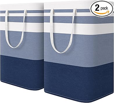 HomeHacks 2-Pack Large Laundry Basket, Waterproof, Freestanding Laundry Hamper, Collapsible Tall Clothes Hamper with Extended Handles for Clothes Toys in the Dorm and Family (Blue, 75L)