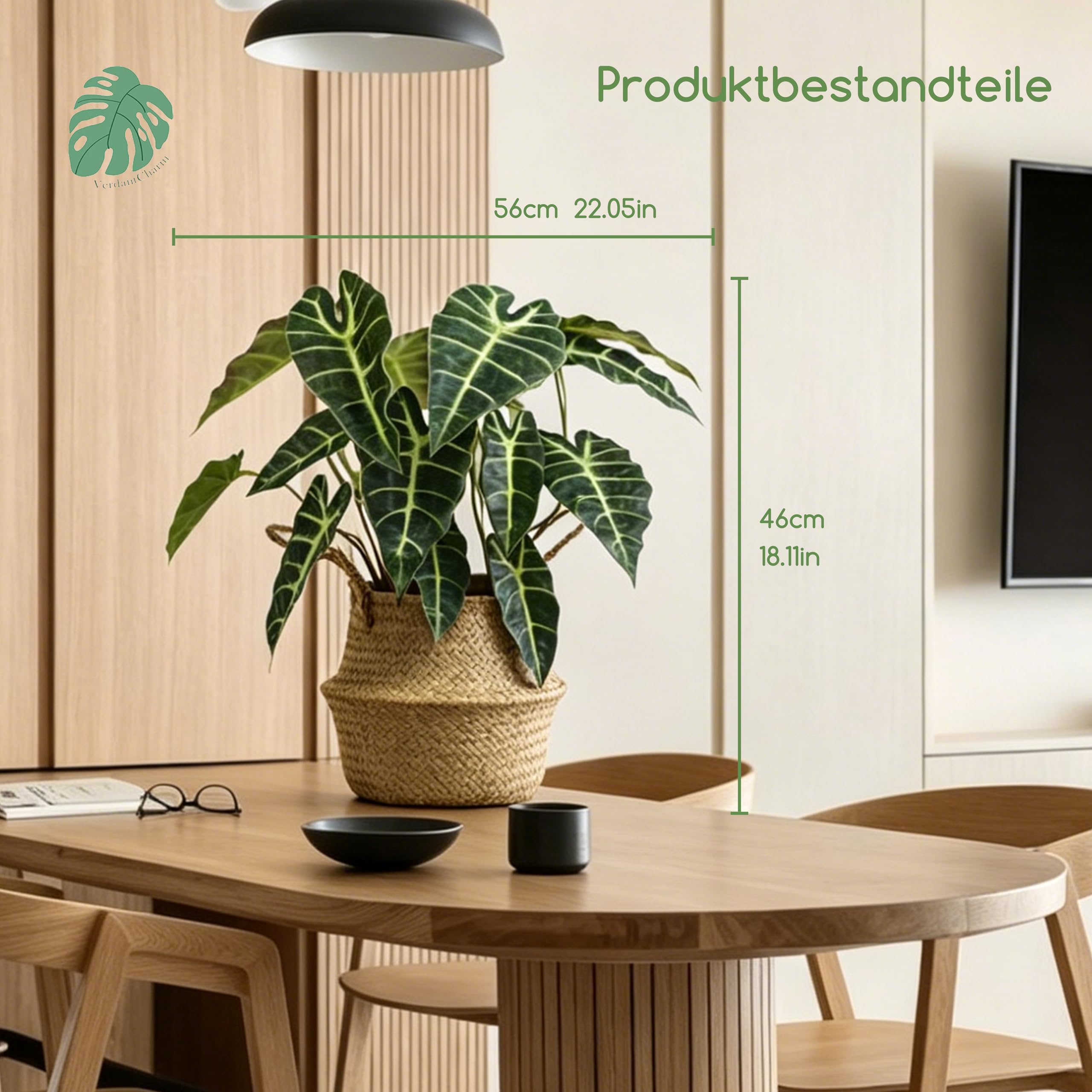 Kunstpflanze Alocasia 46cm – 20 Blätter mit weißen Adern wie echt | Künstliche Pflanzen groß für Wohnzimmer, Schlafzimmer, Büro & Balkon | Fake Plant Zimmerpflanzen Deko