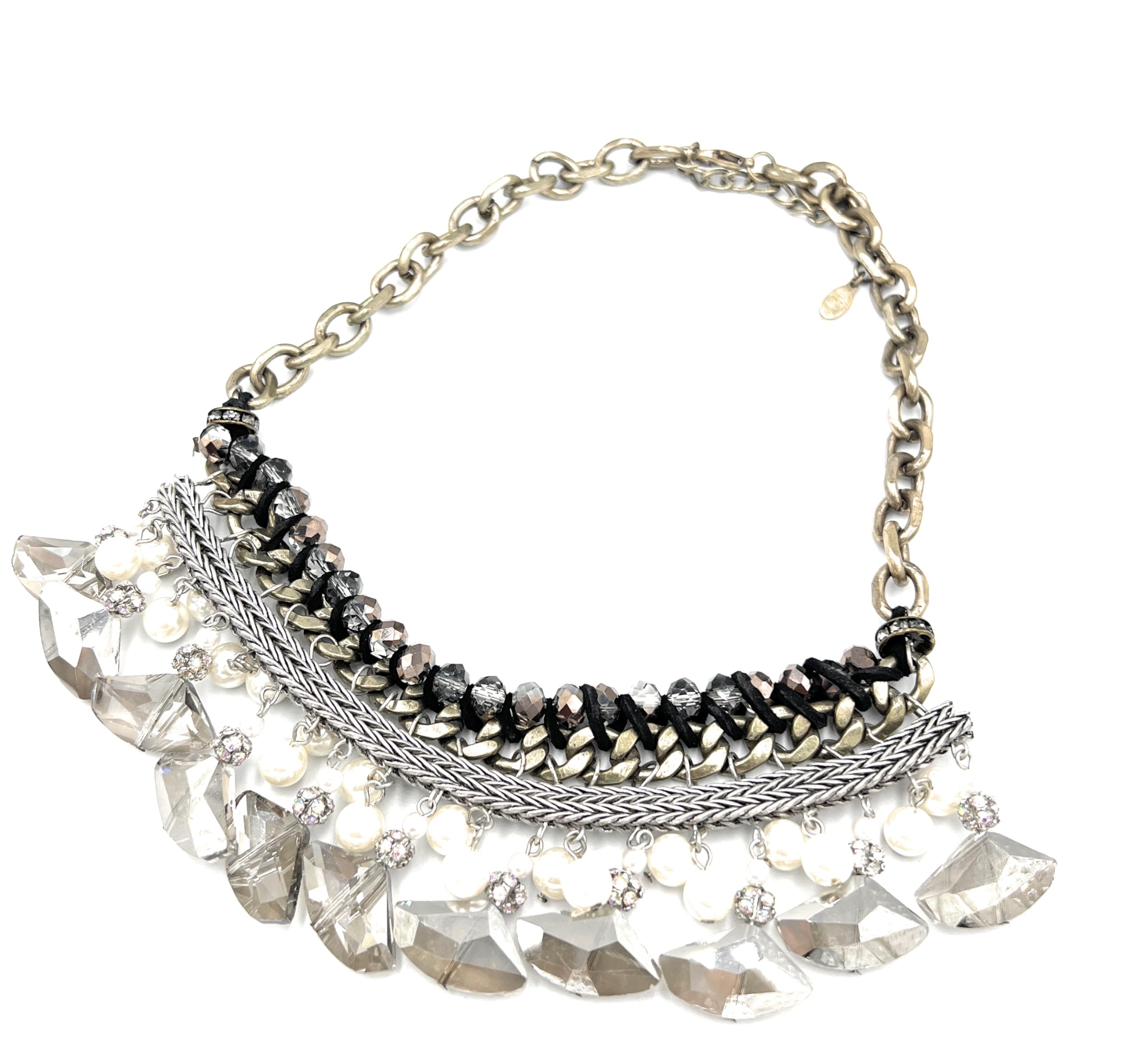 GenericLayered Chunky Choker Necklace for her Women Girls Fashion Jewelry Bronze Antique Silver Pearls Crystals for Ramadan Kareem Eid Happy Birthday Mothers Valentines Day Celebration Present Gift Idea